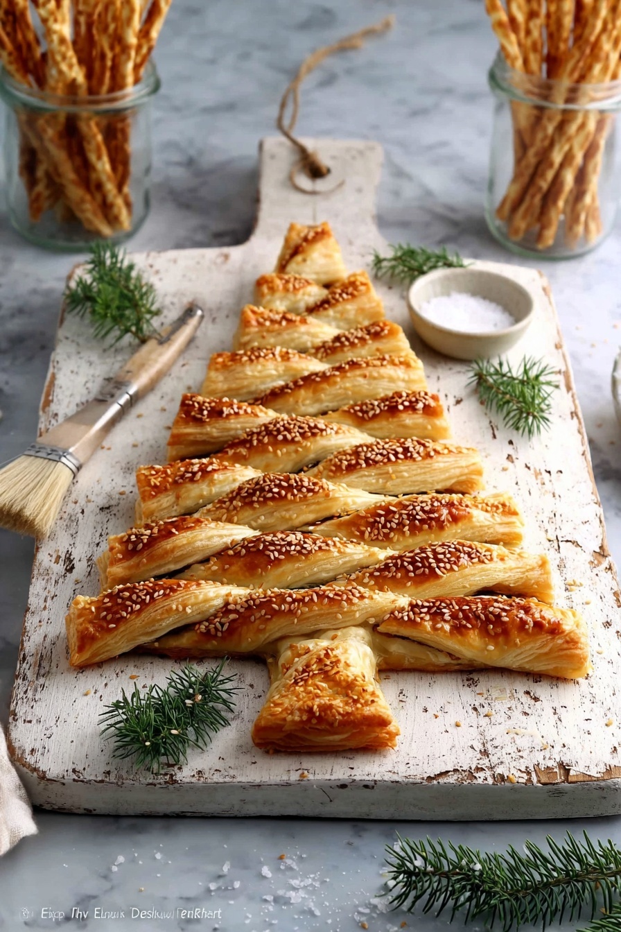 A puff pastry shaped like a christmas tree with a golden brown color and sprinkled white sesame seeds on top. The pastry has a trunk made from a thick puff pastry strip in the center, and the tree has many twisted branches on each side of the trunk, revealing a darker filling inside. The pastry rests on a rustic white wooden board with a few green pine sprigs arranged around it. Nearby, there is a small white bowl filled with coarse salt, a glass jar with a spread and a wooden brush, and a clear glass holding more twisted puff pastry sticks on a dark wood surface. Photo taken with an iphone --ar 4:5 --v 7
