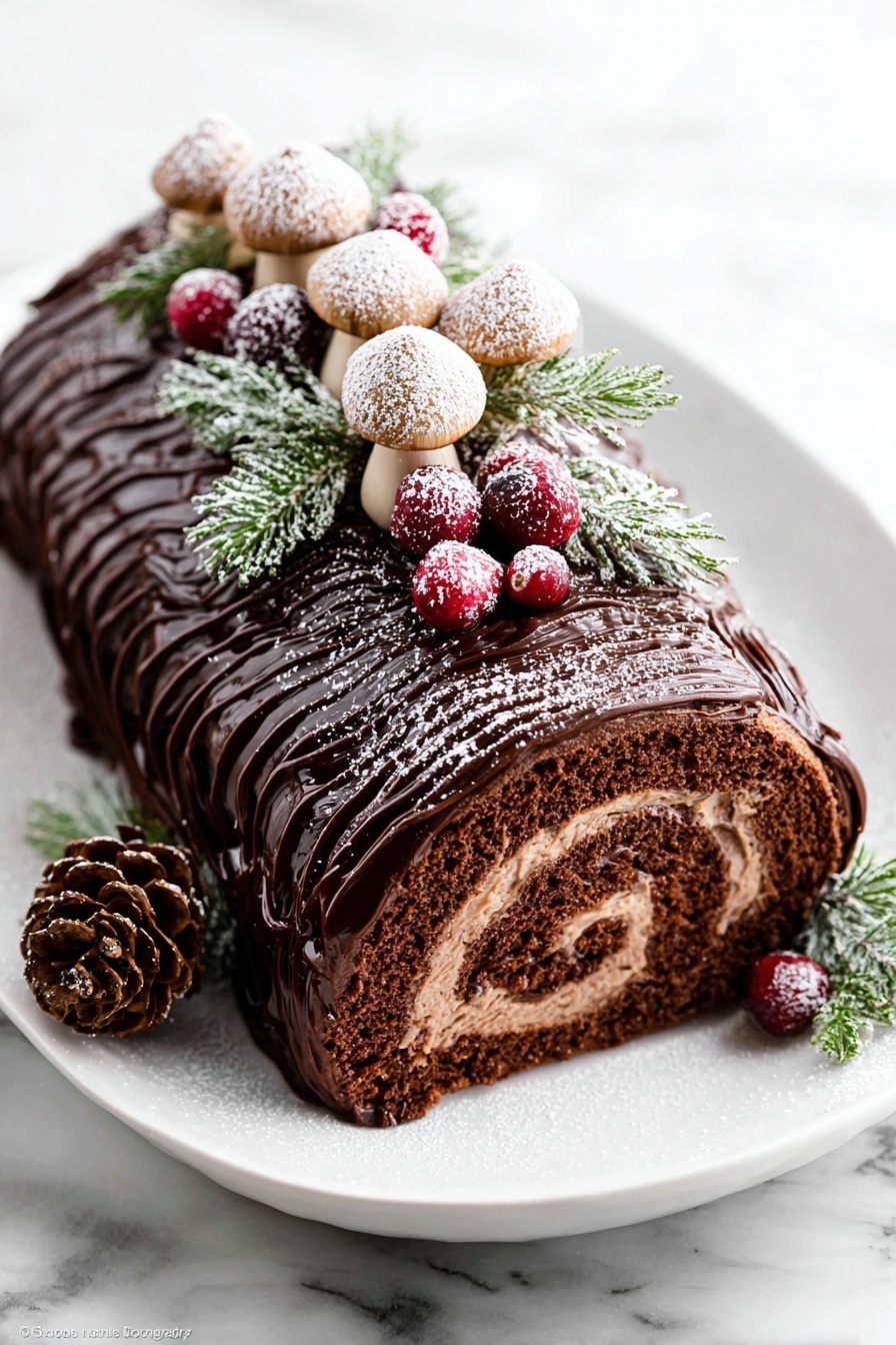 Chocolate Yule Log Cake with Meringue Mushrooms Recipe
