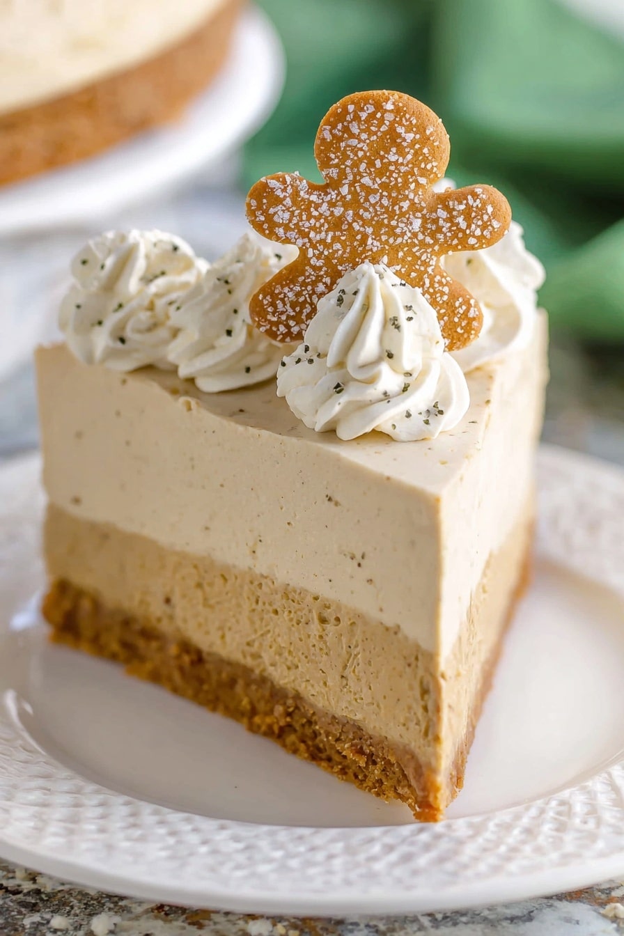 The image shows a two-layer round cheesecake with a crumbly golden brown base layer, topped by a thick, smooth pale beige creamy layer. On top, there are evenly spaced swirls of white whipped cream with tiny dark specks, each swirl topped with a small gingerbread cookie that has a sugar crystal coating. The cake sits on a white ceramic cake stand with a wavy edge. The background is a white marbled texture with scattered shortbread cookies at the base of the cake stand. photo taken with an iphone --ar 4:5 --v 7