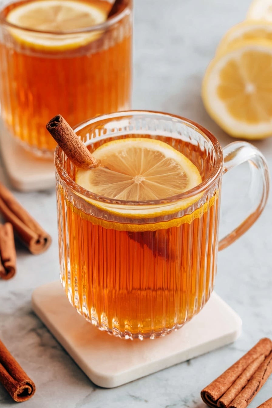A clear glass mug with vertical ridges holds a warm amber-colored drink, topped with a thin, round slice of lemon floating on the surface. Resting horizontally on the rim of the mug is a cinnamon stick, showcasing a deep brown color and rough texture. The mug sits on a small white square coaster with light beige edges, all placed on a white marbled surface. In the background, there is a second identical glass mug with the same drink and lemon slice on a similar coaster, along with a few cinnamon sticks lying flat nearby. Photo taken with an iphone --ar 4:5 --v 7