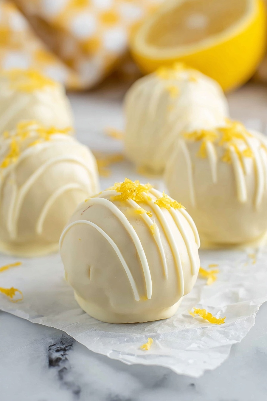 Lemon Oreo Truffles Recipe 8 The image shows a close-up view of several round white balls covered in smooth white coating with a slight drizzle design on top. They are placed close together, and one ball is bitten to reveal a light beige, moist, and crumbly inside texture. Small bright yellow thin strips, likely lemon zest, are placed on the top of some balls as decoration. All balls rest on a white marbled surface. photo taken with an iphone --ar 2:3 --v 7 - Lemon Oreo Truffles, Lemon Oreo dessert, no-bake lemon truffles, easy lemon chocolate truffles, citrus Oreo candies