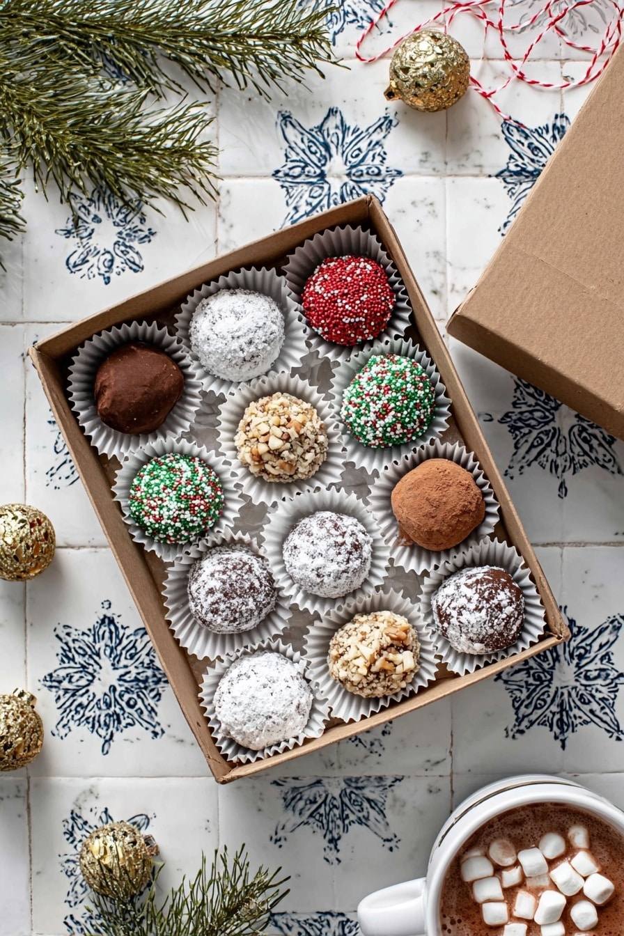 Spiced Rum Balls Recipe 6 A white cup on a white saucer holds six round truffles with different coatings. On top are two light brown cocoa powder truffles, one bead-covered truffle with red, green, and white sprinkles, one white powdered sugar truffle, one nut-coated truffle in light brown and white, and another cocoa powder truffle at the bottom. Around the cup, there are extra truffles in white paper cups, a red and white ribbon curling along the side, and some gold Christmas ornaments on a white marbled textured surface with blue floral tile patterns. A pine branch and a box are softly blurred in the background. photo taken with an iphone --ar 2:3 --v 7 - Spiced Rum Balls, Rum Balls Recipe, No-Bake Rum Balls, Holiday Rum Balls, Easy Boozy Treats