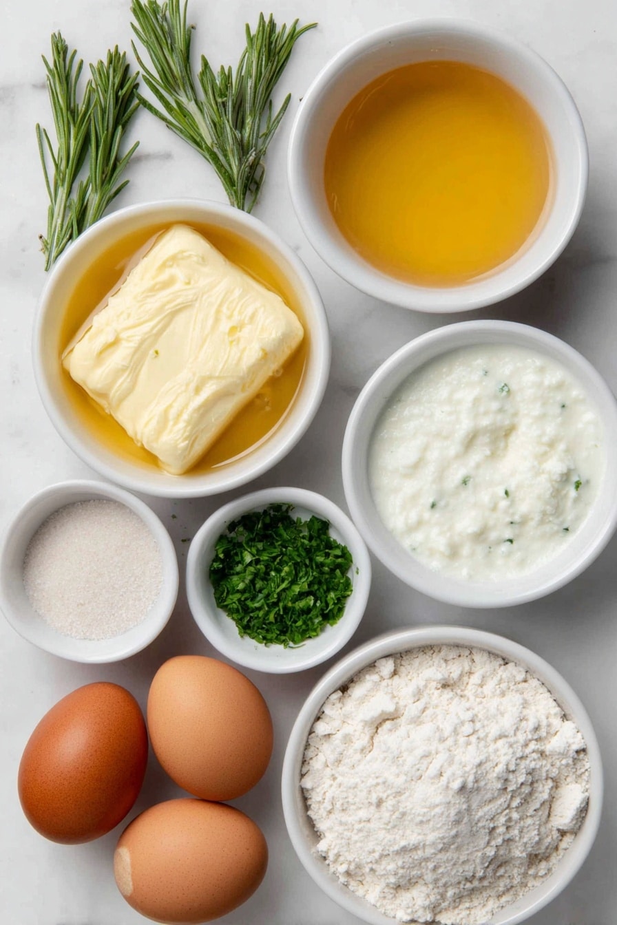 Flat lay of a small white ceramic bowl of warm water, a small white ceramic bowl with melted golden butter, a small white ceramic bowl of fresh milk, a small white ceramic bowl of clear honey, a small white ceramic bowl with fine sea salt, a small white ceramic bowl of garlic powder, a small white ceramic bowl of finely chopped fresh rosemary, a small white ceramic bowl of finely chopped fresh parsley, two whole uncracked brown eggs, a small pile of all-purpose flour, and two peeled garlic cloves placed symmetrically on a clean white marble surface, soft natural light, photo taken with an iPhone, professional food photography style, fresh ingredients, white ceramic bowls, no bottles, no duplicates, no utensils, no packaging --ar 2:3 --v 7 --p m7354615311229779997 - Rosemary Garlic Dinner Rolls, garlic bread, soft bread rolls, quick bread recipes, homemade dinner rolls