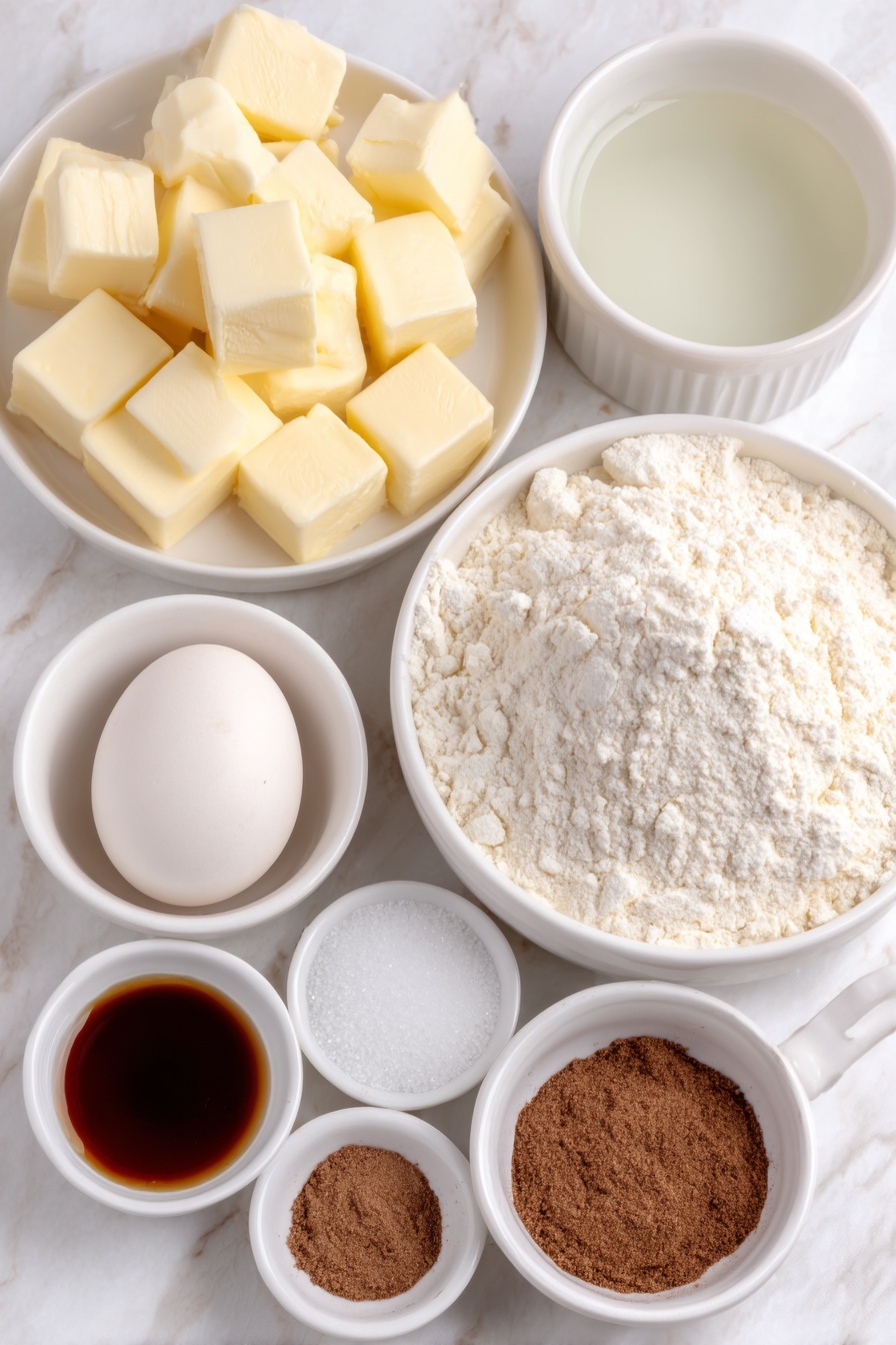 Cinnamon Sugar Churro Bites Recipe 7 Flat lay of unsalted butter cut into small cubes on a simple white ceramic plate, a small white ceramic bowl filled with clear water, a small white ceramic bowl holding granulated white sugar, a pinch of coarse salt spilled elegantly on the white surface, a mound of all-purpose flour on a simple white ceramic dish, one large whole egg with a clean shell resting on the marble surface, a small white ceramic bowl containing clear vanilla extract, a small white ceramic bowl filled with vegetable oil, and a small white ceramic bowl with a mixture of granulated white sugar and ground cinnamon placed symmetrically, all fresh and natural, arranged with perfect balance and symmetry, placed on a clean white marble surface, soft natural light, photo taken with an iPhone, professional food photography style, fresh ingredients, white ceramic bowls, no bottles, no duplicates, no utensils, no packaging --ar 2:3 --v 7 --p m7354615311229779997 - Cinnamon Sugar Churro Bites, easy churro bites, cinnamon sugar snacks, crispy churro bites, bite-sized churros