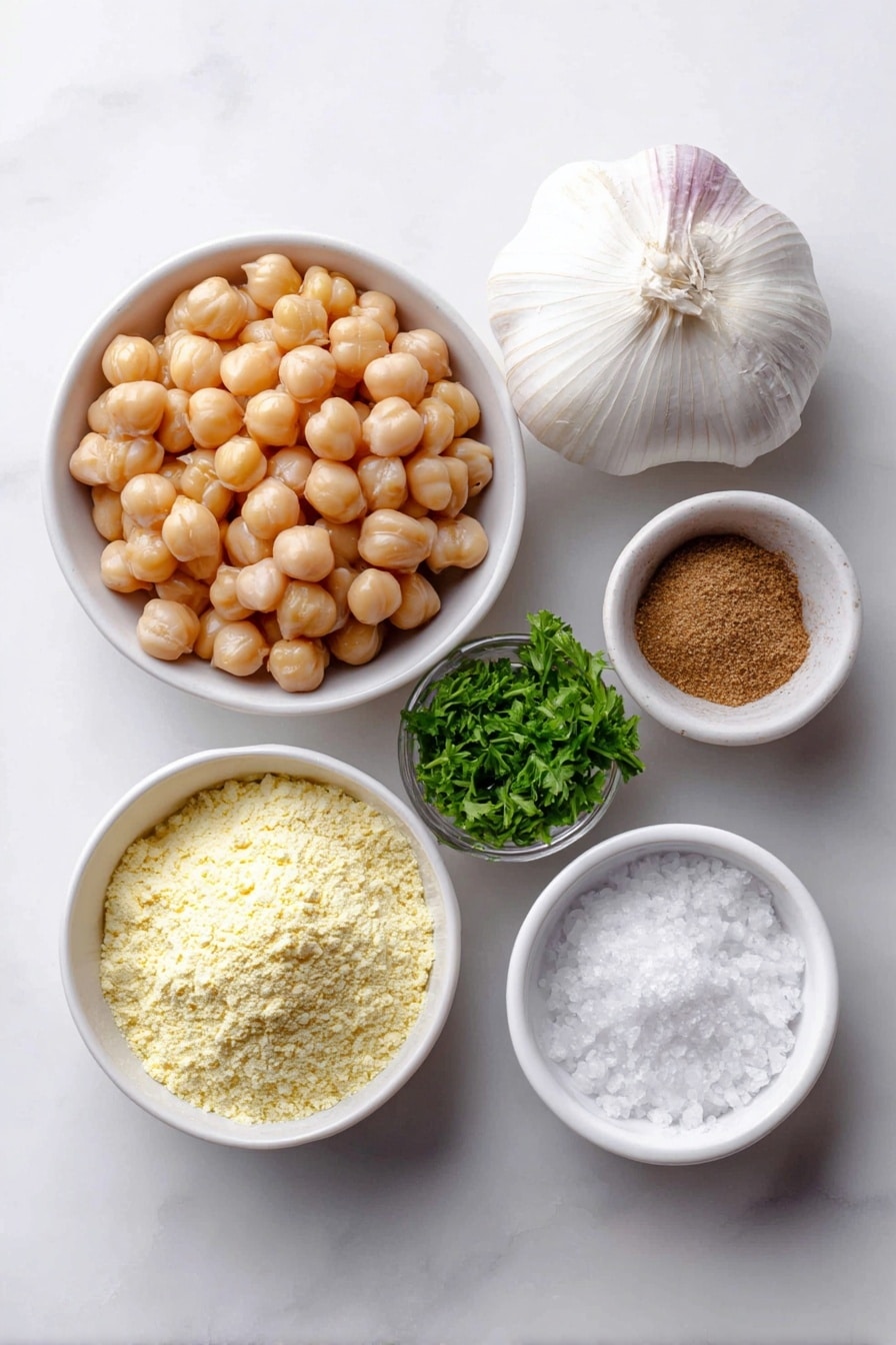 Homemade Falafel Recipe 7 Flat lay of a small heap of dried round beige chickpeas, half a large roughly chopped white onion, a small bunch of finely chopped fresh green parsley, a small bunch of finely chopped fresh green cilantro, four whole uncracked garlic cloves with smooth white skins, a small white ceramic bowl filled with coarse salt, a small white ceramic bowl containing ground warm brown cumin powder, a small white ceramic bowl with light tan ground coriander powder, a small white ceramic bowl with white baking powder, a small white ceramic bowl holding pale yellow chickpea flour, all arranged in perfect symmetry on a clean white marble surface, soft natural light, photo taken with an iPhone, professional food photography style, fresh ingredients, white ceramic bowls, no bottles, no duplicates, no utensils, no packaging --ar 2:3 --v 7 --p m7354615311229779997 - Homemade Falafel, falafel recipe, crispy falafel, vegetarian falafel, Mediterranean falafel