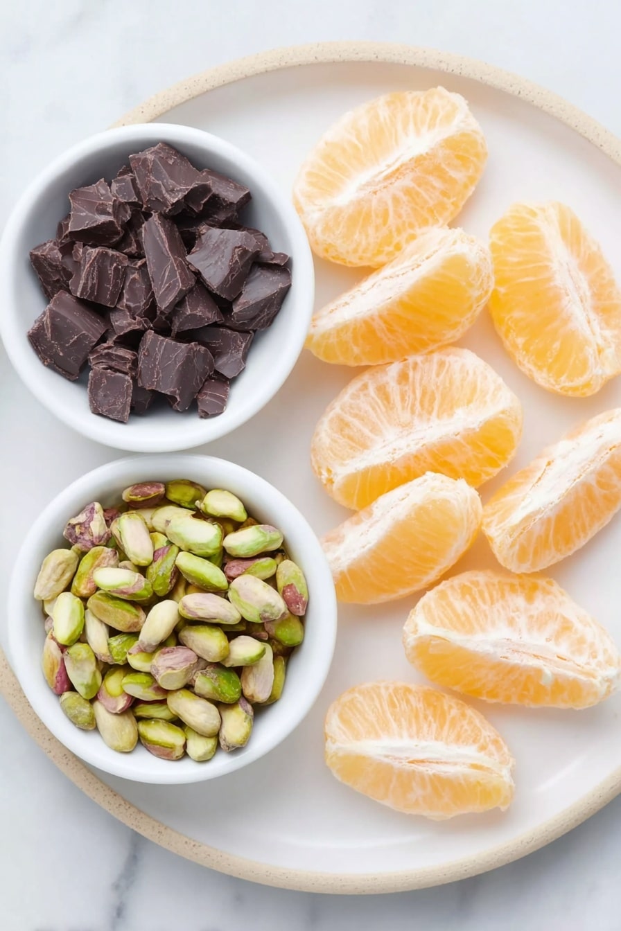 Chocolate Dipped Mandarin Slices Recipe 7 Flat lay of peeled mandarin segments arranged neatly beside a small pile of roughly chopped dark chocolate chunks, a small white ceramic bowl filled with finely chopped shelled pistachios, all placed on a simple white ceramic plate, placed on a clean white marble surface, soft natural light, photo taken with an iPhone, professional food photography style, fresh ingredients, white ceramic bowls, no bottles, no duplicates, no utensils, no packaging --ar 2:3 --v 7 --p m7354615311229779997 - Chocolate Dipped Mandarin Slices, Mandarin citrus snacks, easy fruit desserts, chocolate fruit dip recipes, healthy fruity treats