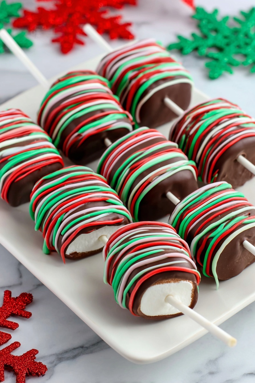Four chocolate-covered marshmallows on white sticks are lined up closely on a white marbled surface. Each marshmallow is fully coated in smooth, shiny dark chocolate and decorated with thin, bright red, green, and white icing lines drizzled evenly around in a random crisscross pattern. The marshmallows are cylindrical and visible at the ends with the white stick inserted in the center of each. The colors stand out clearly against the rich brown chocolate, making them look festive and colorful. Photo taken with an iphone --ar 2:3 --v 7 - Festive Chocolate Marshmallow Pops, Christmas Marshmallow Treats, Holiday Candy Pops, Easy Festive Dessert Ideas, Christmas Party Snacks