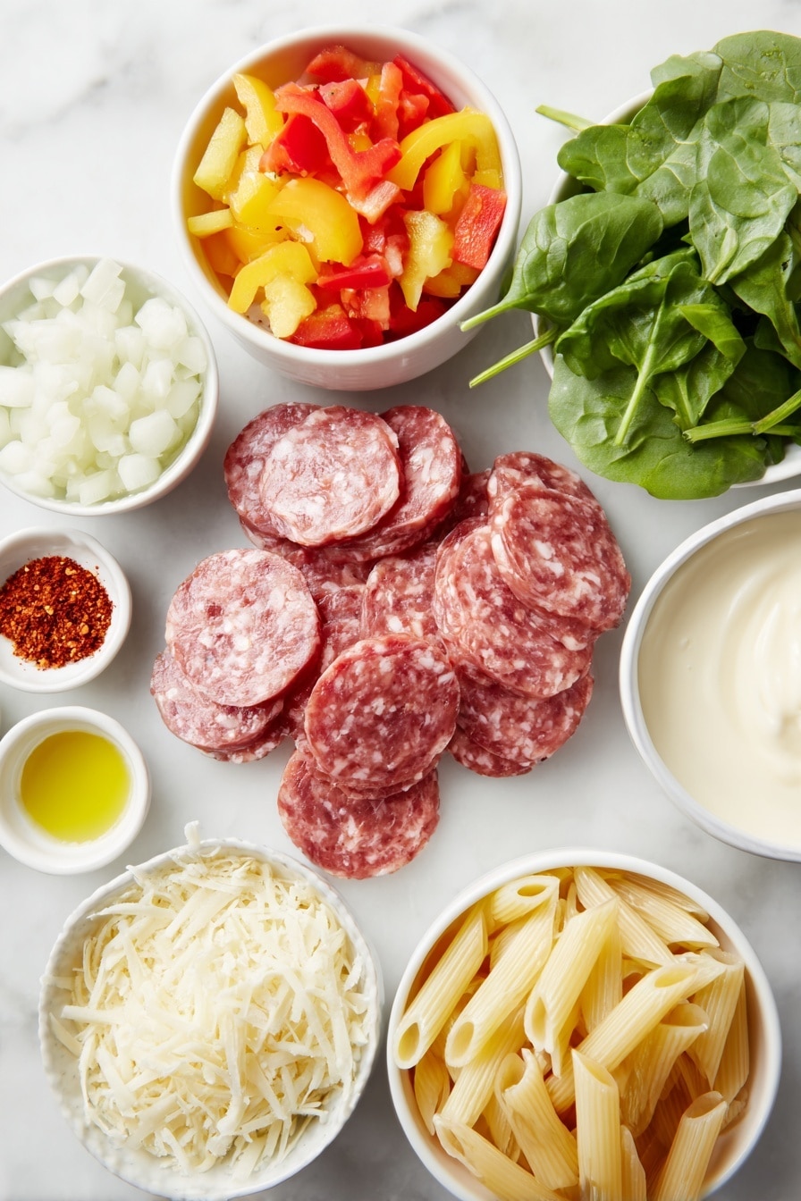 Creamy Cajun Sausage Pasta Recipe 7 Flat lay of sliced smoked Andouille sausage rounds, a small pile of uncooked penne pasta, a colorful mix of diced red, yellow, and green bell peppers in a small white ceramic bowl, finely diced white onion in another small white bowl, a small white bowl with bright red-orange Cajun seasoning powder, a small white bowl with golden olive oil, a small white bowl filled with creamy heavy cream, a small white bowl heaped with shredded Parmesan cheese, a small white bowl containing fine garlic powder, a small white bowl with vibrant red cayenne pepper powder, a small bunch of fresh green spinach leaves, and a few sprigs of fresh green parsley, all arranged with perfect symmetry and realistic proportions, placed on a clean white marble surface, soft natural light, photo taken with an iPhone, professional food photography style, fresh ingredients, white ceramic bowls, no bottles, no duplicates, no utensils, no packaging --ar 2:3 --v 7 --p m7354615311229779997 - Creamy Cajun Sausage Pasta, Cajun sausage pasta, spicy creamy pasta, one-pot Cajun pasta, quick Cajun sausage dish