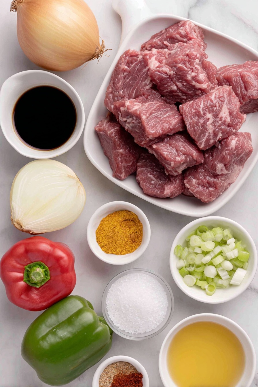 Pepper Steak and Onion Stir Fry Recipe 7 Flat lay of fresh red bell pepper, fresh green bell pepper, whole medium yellow onion, three cloves of whole unpeeled garlic, small pile of bright minced fresh ginger, fresh sirloin beef tips, small white ceramic bowl with dark soy sauce, small white ceramic bowl with shiny oyster sauce, small white ceramic bowl with clear chicken stock, small white ceramic bowl with clean water, small white ceramic bowl with white cornstarch powder, small white ceramic bowl with reddish paprika powder, small white ceramic bowl with reddish Creole Cajun seasoning, small white ceramic bowl with bright red hot sauce, small bunch of green onions chopped, small puddle of golden cooking oil in a white ceramic bowl, salt crystals arranged simply on white ceramic dish placed on a clean white marble surface, soft natural light, photo taken with an iPhone, professional food photography style, fresh ingredients, white ceramic bowls, no bottles, no duplicates, no utensils, no packaging --ar 2:3 --v 7 --p m7354615311229779997 - Pepper Steak and Onion Stir Fry, beef stir fry with peppers and onions, quick stir fry recipes, savory beef and vegetable stir fry, easy weeknight stir fry