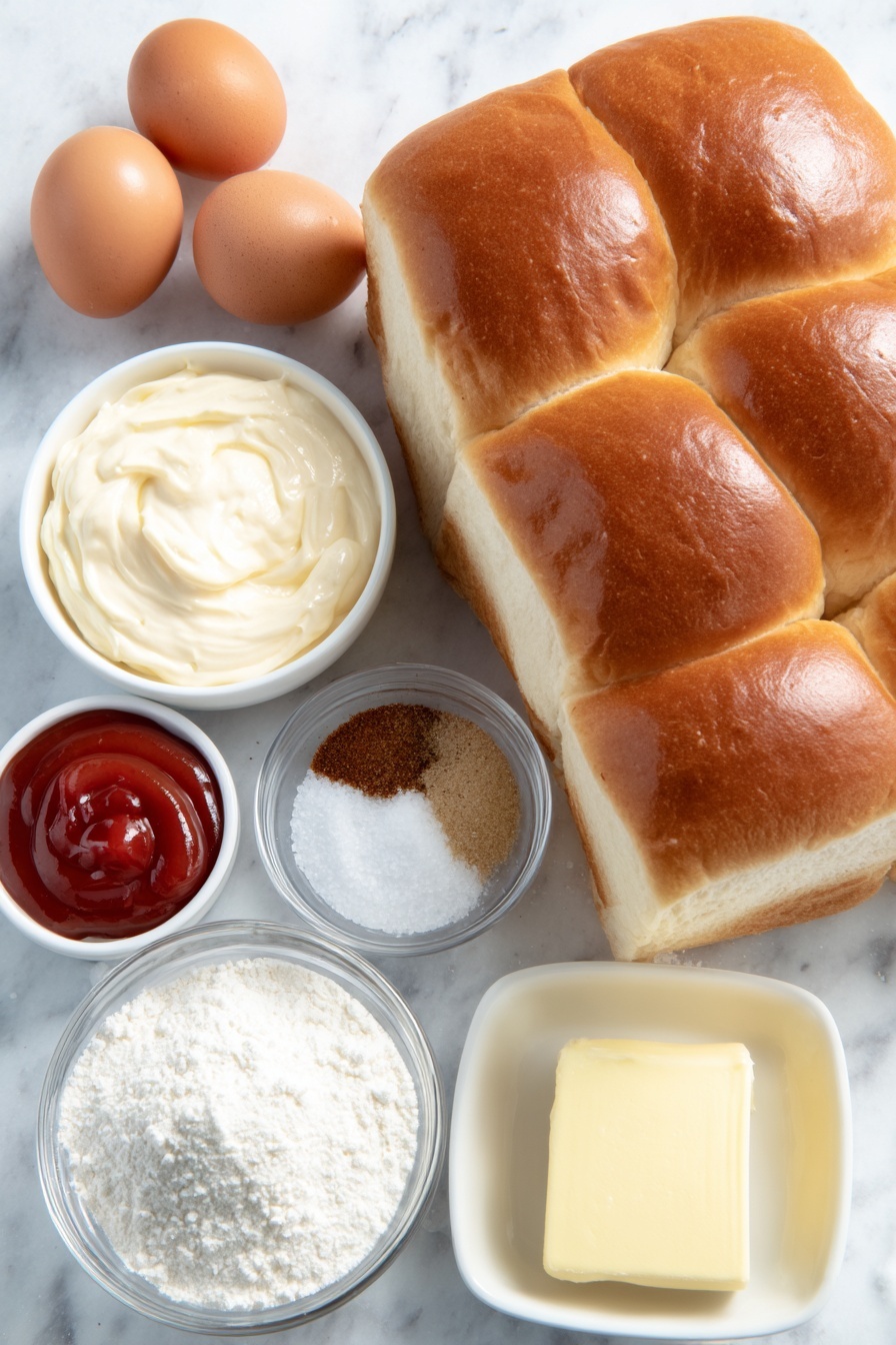 Flat lay of two whole uncracked brown eggs, a small white ceramic bowl of smooth pale pink Kewpie mayonnaise, a small white ceramic bowl of fine white granulated sugar, a small white ceramic bowl of bright red ketchup, a small white ceramic bowl of light brown ground nutmeg, a small white ceramic bowl of white MSG powder, a small white ceramic bowl of coarse white salt, a small white ceramic bowl of freshly cracked black pepper, two thick slices of fluffy white shokupan bread with a soft crust, a small square of pale yellow butter placed on a white ceramic dish, placed on a clean white marble surface, soft natural light, photo taken with an iPhone, professional food photography style, fresh ingredients, white ceramic bowls, no bottles, no duplicates, no utensils, no packaging --ar 2:3 --v 7 --p m7354615311229779997 - Japanese Egg Sandwich Tamago Sando, Japanese egg sandwich recipe, Tamago Sando ingredients, how to make Tamago Sando, Japanese sandwich ideas