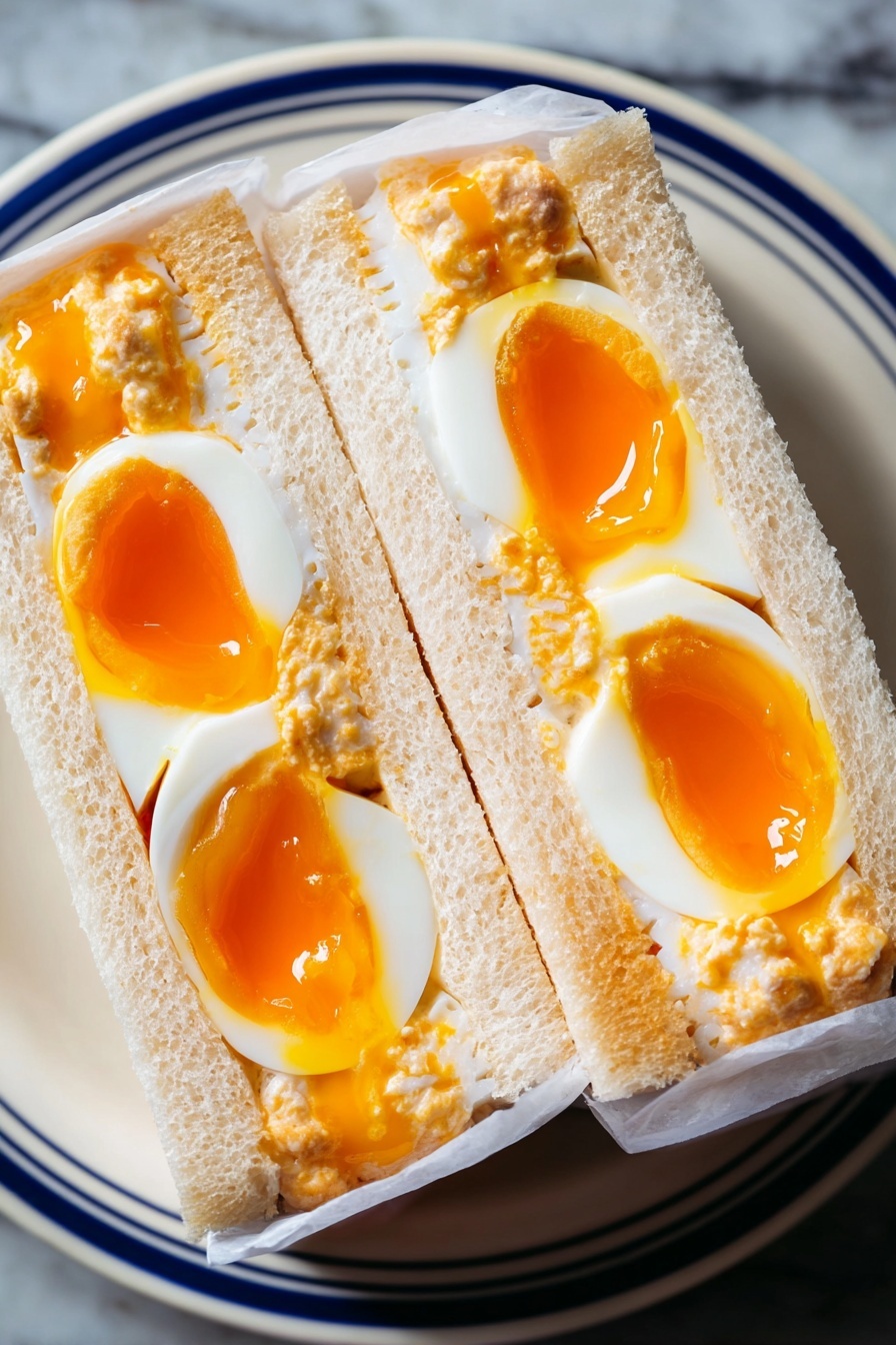 This image shows a close-up of a sandwich sliced in half on a white plate with a dark blue rim. Each sandwich piece has three layers: the outer layer is soft white bread with a light brown crust; the middle layer is bright white, smooth, and folded thinly, possibly a slice of cheese or delicate meat; the top layer is a soft-boiled egg with a bright orange, slightly runny yolk surrounded by firm, white egg white, and there are small bits of chopped egg mixed with a creamy, pale yellow sauce around the eggs. The sandwich halves are wrapped halfway in white paper, adding a clean look. The background is a white marbled surface. photo taken with an iphone --ar 2:3 --v 7 - Japanese Egg Sandwich Tamago Sando, Japanese egg sandwich recipe, Tamago Sando ingredients, how to make Tamago Sando, Japanese sandwich ideas