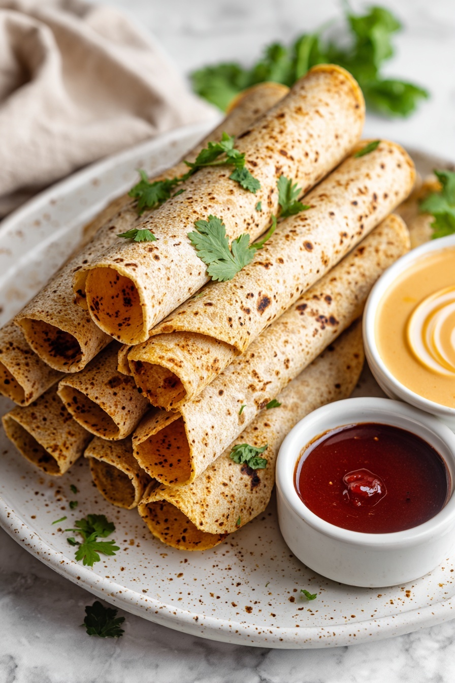 A close-up image of a woman's hand holding a crispy, golden-brown rolled taco with a slightly textured shell showing a soft orange filling with bits of meat and sauce inside. In the background, there are more rolled tacos stacked together on a white plate. To the right, a white bowl with a blue rim is filled with a creamy, light orange dipping sauce with a smooth swirl on top. The entire scene is set on a white marbled surface. photo taken with an iphone --ar 2:3 --v 7 - Baked Chicken Taquitos with Sriracha Cream, Chicken Taquitos, Crispy Baked Taquitos, Sriracha Taquito Dip, Easy Chicken Taquito Recipe