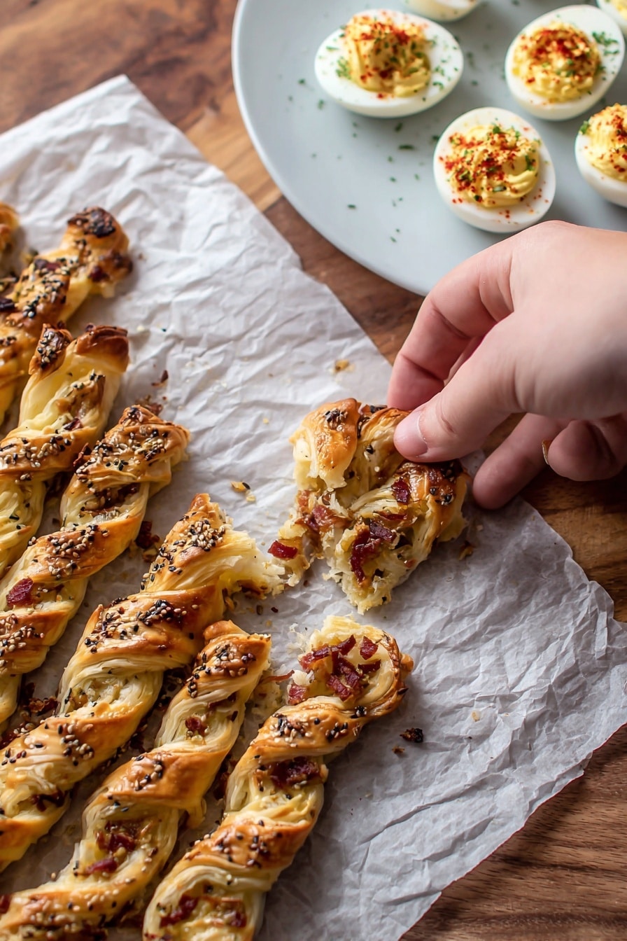 Ham and Cheese Puff Pastry Christmas Tree Recipe 6 A woman's hand is picking up a twisted puff pastry that is golden brown with visible layers of flaky dough and bits of red filling inside. The pastry sits on a crumpled white baking paper over a wooden surface now changed to white marbled texture. The puff pastry is shaped in twisted strips with some sprinkled with mixed seeds in dark and light brown colors on top. To the side, a white plate holds deviled eggs with creamy yellow filling topped with red powder and green herbs. Photo taken with an iphone --ar 2:3 --v 7 - Ham and Cheese Puff Pastry Christmas Tree, festive holiday appetizer, easy holiday appetizers, Christmas party finger foods, savory puff pastry recipes