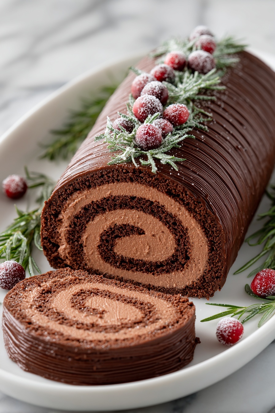 Christmas Yule Log Cake with Cranberries Recipe 6 A chocolate roll cake with two visible layers, the outer layer is a smooth, dark chocolate frosting with fine horizontal ridges running along its length, and the inner layer is a thick, light brown mousse-like chocolate filling spiraled tightly inside a darker brown chocolate sponge cake. The cake is placed on a white plate, decorated with green rosemary sprigs and red cranberries dusted with powdered sugar that resembles snow. One slice is cut and laid flat next to the roll, showing the spiral pattern clearly, all set against a white marbled surface. photo taken with an iphone --ar 2:3 --v 7 - Christmas Yule Log Cake with Cranberries, holiday chocolate cake, festive yule log recipe, cranberry decorated cake, holiday dessert ideas