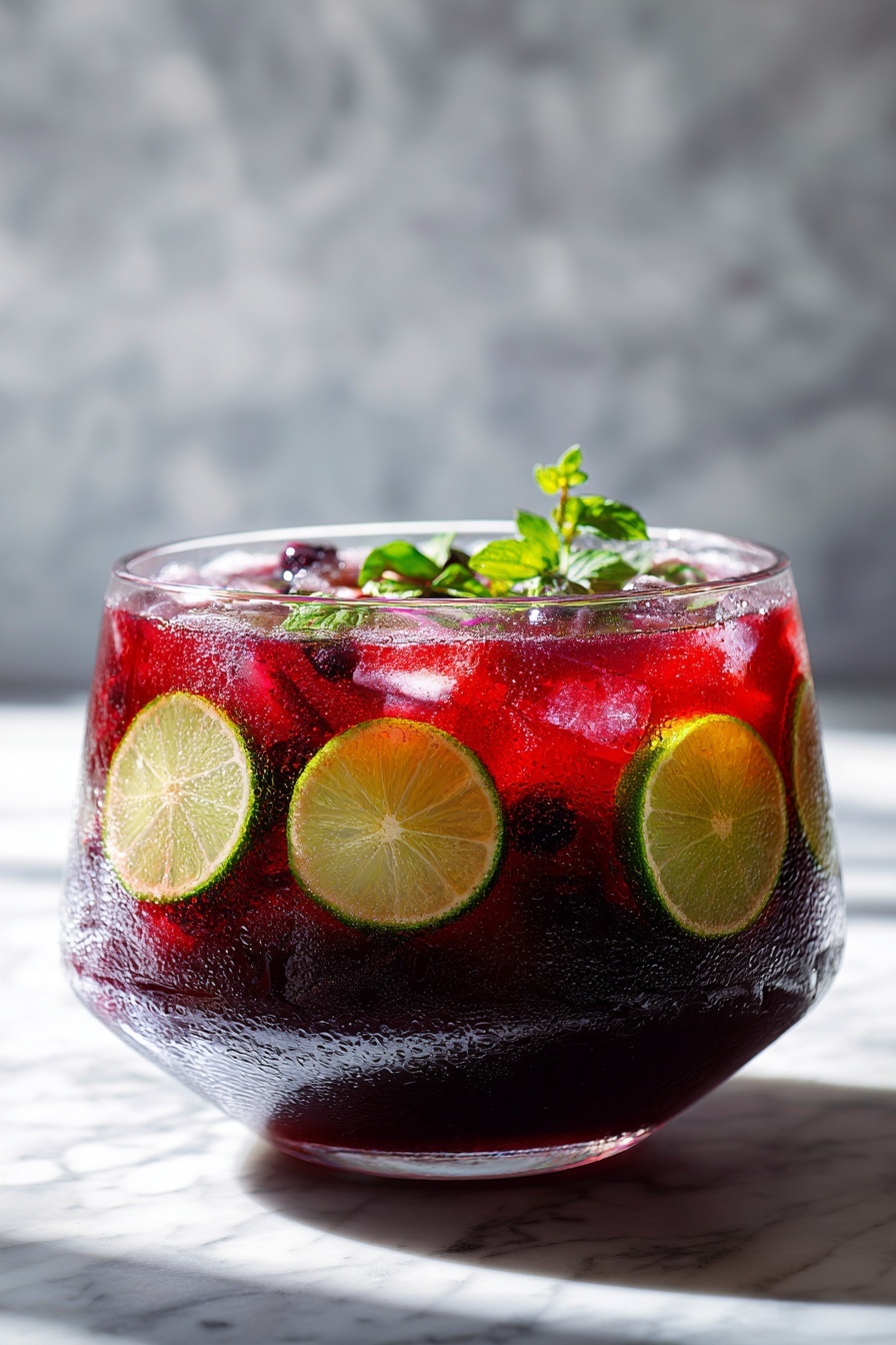 Festive Non-Alcoholic Cranberry Punch Recipe 6 A large clear glass bowl filled with a deep red punch, with thin round slices of lime pressed against the inside surface, evenly spaced in a horizontal line near the middle. The punch contains floating ingredients like crushed ice, dark red and purple berries, and small green herb sprigs on top, creating a textured and fresh look. The bowl sits on a white marbled surface, with soft natural light highlighting the condensation on the glass. Photo taken with an iphone --ar 2:3 --v 7 - Festive Non-Alcoholic Cranberry Punch, non-alcoholic holiday punch, cranberry orange punch, holiday party drinks, festive mocktail recipe