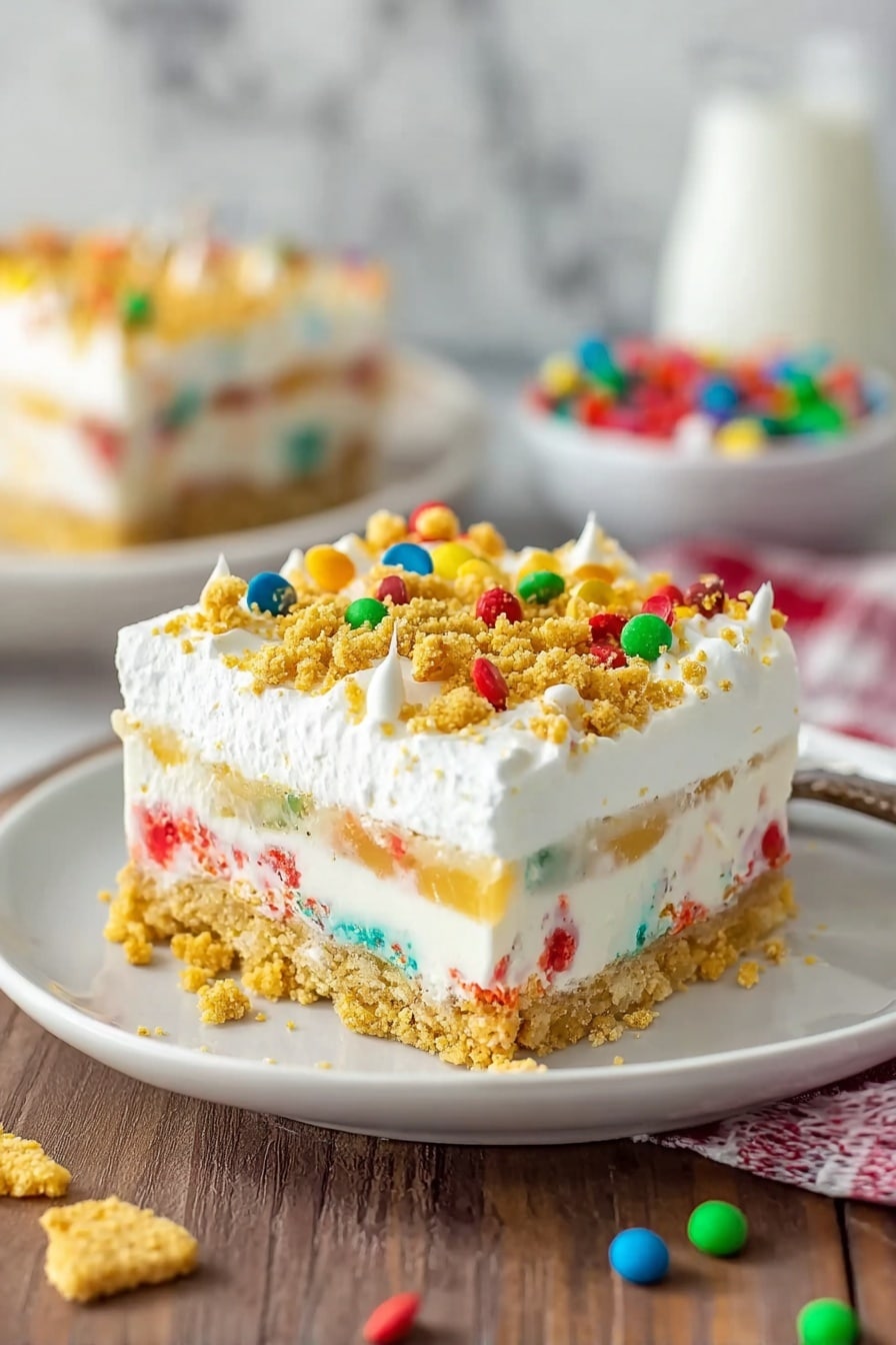 Christmas Cookie Lasagna Recipe 6 A square layered dessert on a white plate with a crumbly golden crust at the bottom, followed by a creamy white layer filled with colorful red, green, and orange sprinkles. Above this is a thicker white layer with more sprinkles mixed in, topped with a fluffy white whipped layer. On top of all layers are crunchy golden cereal pieces scattered. A woman's hand holds a silver fork with a piece of the dessert, showing all layers clearly. The background features a white marbled texture. photo taken with an iphone --ar 2:3 --v 7 - Christmas Cookie Lasagna, festive holiday dessert, layered cookie dessert, Christmas dessert ideas, easy holiday treats
