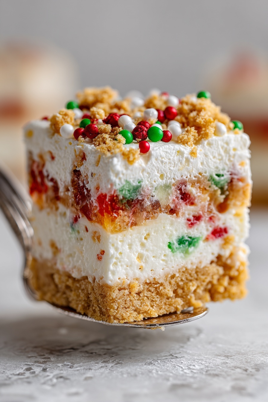Christmas Cookie Lasagna Recipe 8 The image shows a square dessert with four visible layers. The bottom layer is a crumbly golden cookie base. Above it is a thick white creamy layer with small red and green specks inside. The third layer is a translucent jelly, also with tiny red and green bits scattered within it. The top layer is a fluffy white cream topped with crumbled golden cookies and red, green, and white round sprinkles. The dessert is held up on a spatula, set against a white marbled textured surface. photo taken with an iphone --ar 2:3 --v 7 - Christmas Cookie Lasagna, festive holiday dessert, layered cookie dessert, Christmas dessert ideas, easy holiday treats