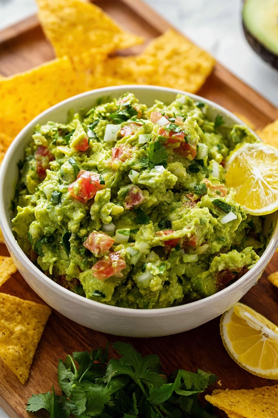 Creamy Avocado Guacamole Recipe 6 A close-up of a white bowl filled with chunky guacamole made of mashed green avocado mixed with small cubes of bright red tomato, bits of white onion, and green cilantro leaves. Two lemon slices rest against the side of the bowl. The bowl sits on a wooden board surrounded by yellow tortilla chips, with fresh cilantro leaves visible on the left side and a white marbled textured surface in the background. photo taken with an iphone --ar 2:3 --v 7 - Creamy Avocado Guacamole, easy guacamole dip, healthy avocado snack, fresh homemade guacamole, step-by-step guacamole recipe