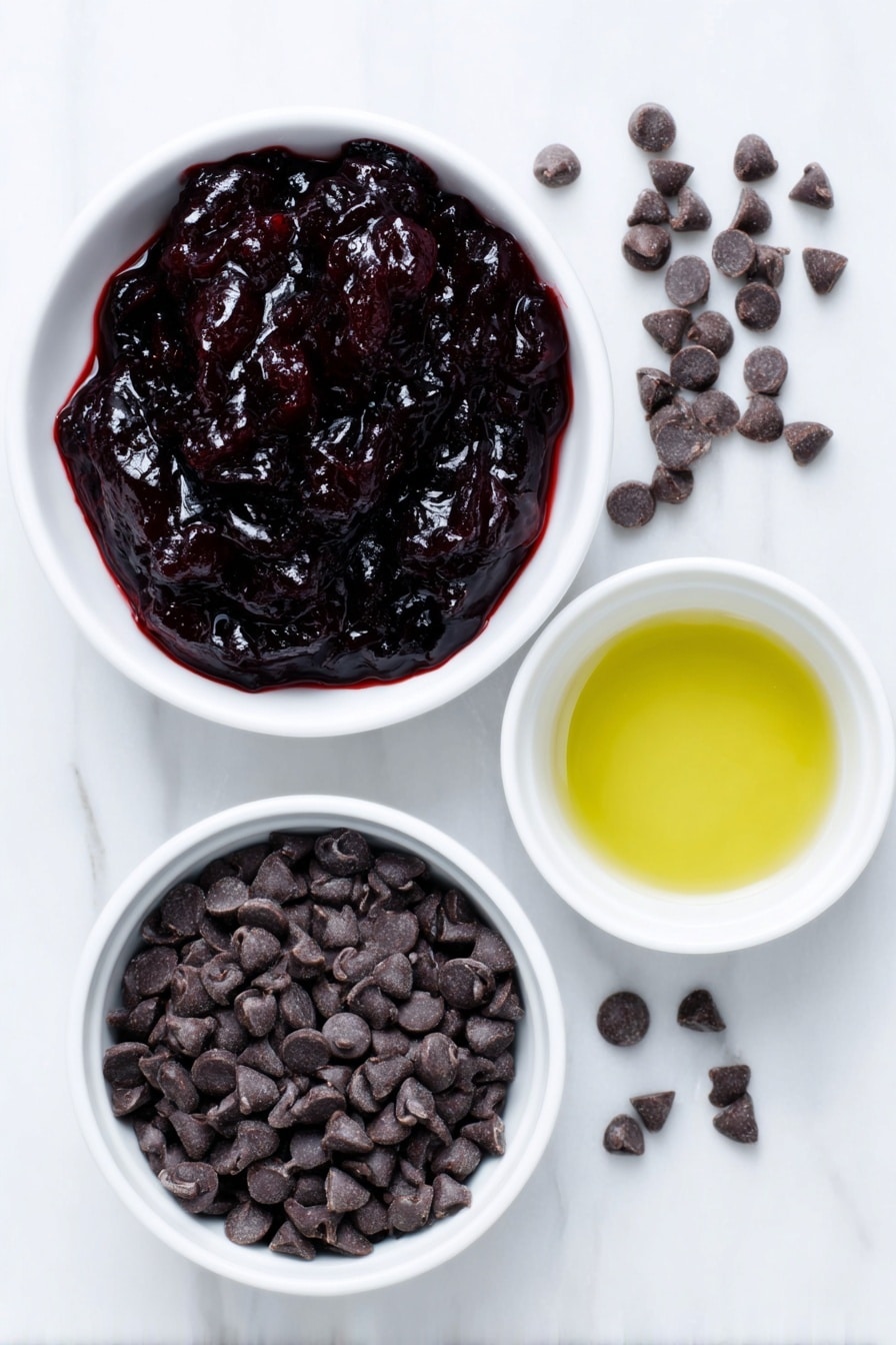 Dark Chocolate Cranberry Bites Recipe 7 Flat lay of a smooth, glossy round slice of deep red jellied cranberry sauce, a mound of shiny dark chocolate chips, and a small white ceramic bowl filled with clear, melted coconut oil, all arranged in perfect symmetry on a clean white marble surface, soft natural light, photo taken with an iPhone, professional food photography style, fresh ingredients, white ceramic bowls, no bottles, no duplicates, no utensils, no packaging --ar 2:3 --v 7 --p m7354615311229779997 - Dark Chocolate Cranberry Bites, easy holiday treats, festive chocolate snacks, cranberry chocolate bites, no-bake dessert ideas