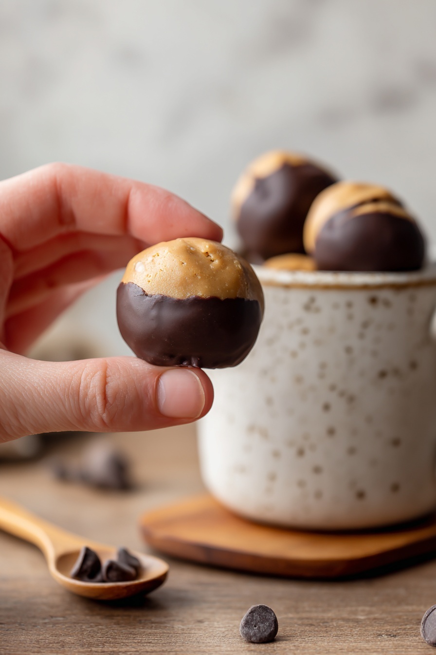 Easy Homemade Buckeyes Chocolate Peanut Butter Candy Recipe 8 A white speckled mug filled with round chocolate-covered peanut butter balls stacked inside, each candy showing a smooth, light brown peanut butter top and a glossy dark brown chocolate lower half. One peanut butter ball sits on a wooden surface in front of the mug, which contrasts with the white marbled background. A wooden spoon with a peanut butter ball inside lies to the right, alongside scattered small chocolate chips near the base of the mug. Photo taken with an iphone --ar 2:3 --v 7 - Easy Homemade Buckeyes, chocolate peanut butter candy, homemade buckeye recipe, peanut butter chocolate treats, simple buckeye candies