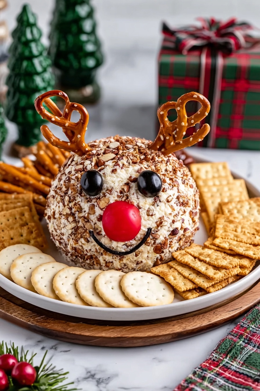 Reindeer Cheese Ball Recipe 6 A round cheese ball covered in chopped nuts is placed in the center of a white plate with a wooden base. Two large pretzels are stuck in the top as antlers. Two black olives are pressed into the front as eyes, and a small red cherry tomato is used as a nose, making the cheese ball look like a reindeer face. The cheese ball is surrounded by a layer of round crackers and square crackers arranged neatly around it. The background shows a white marbled surface with Christmas-themed decorations, including a green ceramic Christmas tree and a small gift wrapped in plaid fabric. Photo taken with an iphone --ar 2:3 --v 7 - Reindeer Cheese Ball, Christmas Cheese Ball, Festive Cheese Appetizer, Holiday Cheese Ball, Cute Reindeer Party Snack