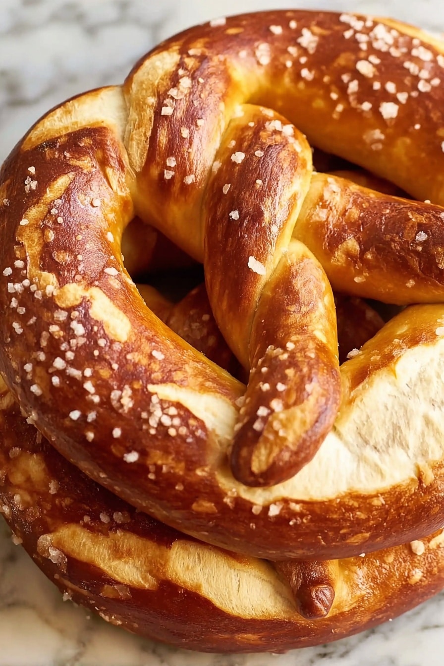 Easy Homemade Pretzels Recipe 6 A close-up view of two large soft pretzels stacked on top of each other. The pretzels have a rich golden brown color with lighter patches showing the dough’s texture. Large grains of coarse salt are sprinkled unevenly on the shiny surface, creating small white highlights. The pretzels have a smooth and slightly glossy crust with visible twists and a small rounded end piece. The background shows a white marbled texture. photo taken with an iphone --ar 2:3 --v 7 - Easy Homemade Pretzels, homemade pretzels recipe, how to make pretzels at home, crispy chewy pretzels, simple pretzel baking