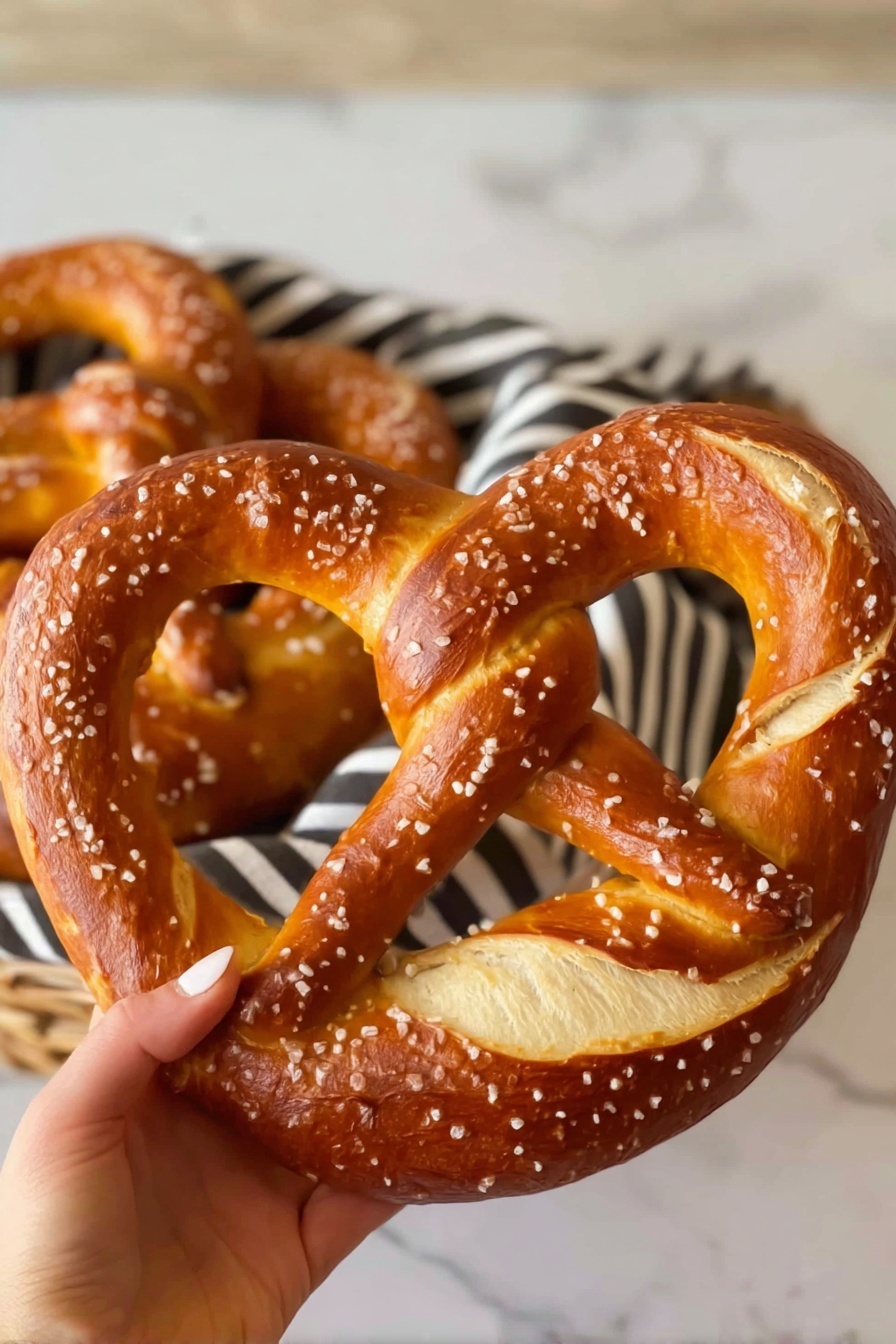 Easy Homemade Pretzels Recipe 8 A large soft pretzel with a deep golden brown color and a twisted shape is being held by a woman's hand on the right side of the image. The pretzel is sprinkled with coarse salt and has a smooth, shiny texture from baking. Behind it, more pretzels rest in a basket lined with a black and white striped cloth. The background is a soft light tan wood, and the surface beneath is white marbled texture. photo taken with an iphone --ar 2:3 --v 7 - Easy Homemade Pretzels, homemade pretzels recipe, how to make pretzels at home, crispy chewy pretzels, simple pretzel baking