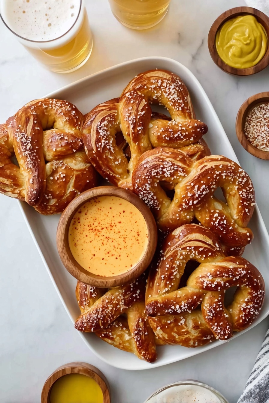 Homemade Soft Pretzel Twists Recipe 8 The image shows a white rectangular plate filled with twisted golden-brown soft pretzels with coarse salt sprinkled over them. In the center of the plate, there is a small wooden bowl filled with a creamy orange cheese dip sprinkled lightly with reddish spice on top. Around the plate, there are two glasses filled with a pale beer, a small wooden bowl of coarse salt, and a white bowl with bright yellow mustard, all set on a white marbled surface. photo taken with an iphone --ar 2:3 --v 7 - Homemade Soft Pretzel Twists, soft pretzel recipe, homemade pretzels, easy pretzel twists, best pretzel snack