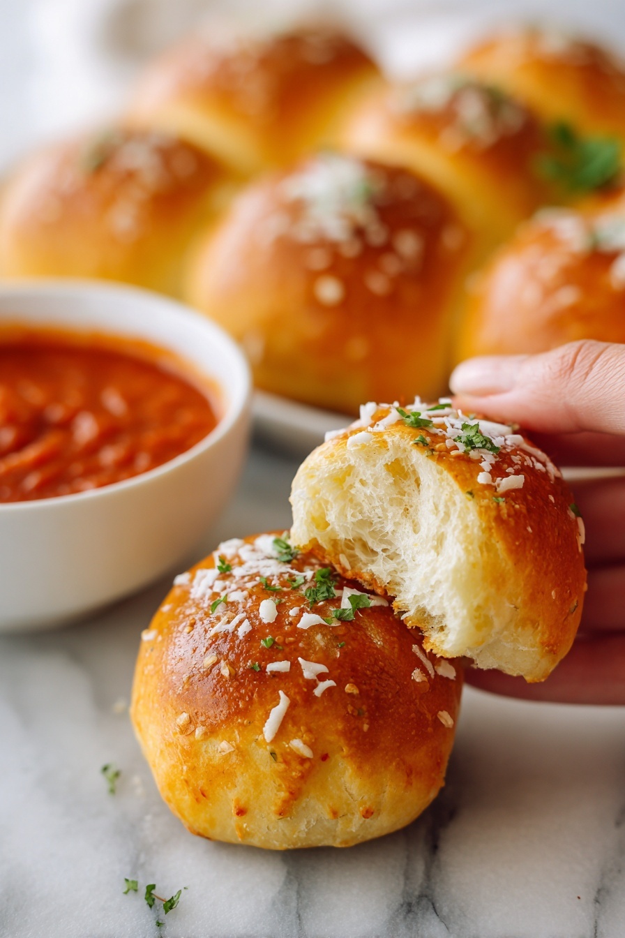 Garlic Parmesan Bread Bites Recipe 8 A black rectangular tray holds about twenty small, golden brown bread rolls, each topped with a light sprinkling of grated cheese and herbs. In the center of the tray, a white bowl filled with thick red tomato sauce sits among the rolls. The rolls have a soft and slightly shiny texture, with some slight browning on the top. The scene is set on a white marbled surface. photo taken with an iphone --ar 2:3 --v 7 - Garlic Parmesan Bread Bites, cheesy garlic bread snacks, easy bread bites recipe, party appetizer ideas, quick appetizer recipes