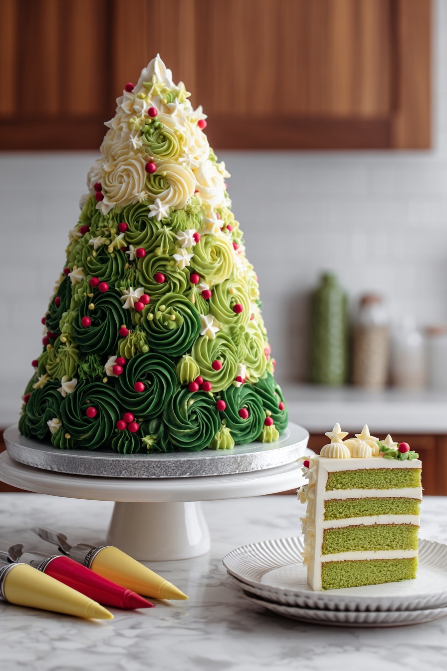 Christmas Tree Spice Cake Recipe 8 A Christmas tree-shaped cake decorated with three layers of green frosting swirls in dark green and light green colors, with small yellow, red, and white piped dots spread evenly across the tree to resemble ornaments and lights, a woman's hand is holding a yellow piping bag adding yellow frosting stars to the cake; the cake is placed on a white round cake stand on a white marbled surface. photo taken with an iphone --ar 2:3 --v 7 - Christmas Tree Spice Cake, festive spice cake, holiday marble cake, Christmas birthday cake, holiday dessert recipes