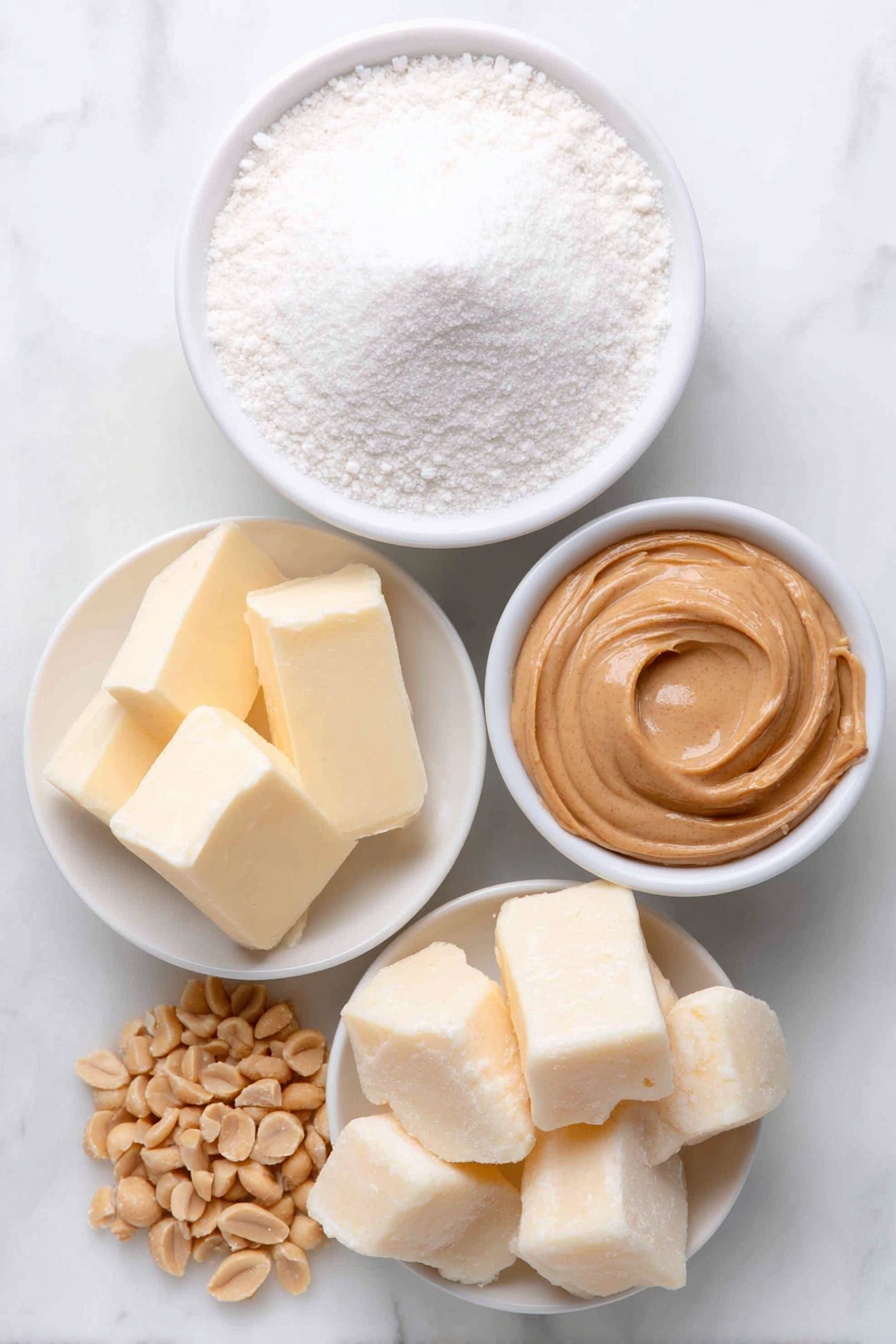 Peanut Butter Snowballs Recipe 7 Flat lay of a small white ceramic bowl filled with fine white confectioners' sugar, a dollop of creamy light brown peanut butter on a white ceramic plate, a few small cubes of pale yellow softened butter arranged neatly on a white ceramic dish, irregular chunks of smooth white candy coating in a white ceramic bowl, and a small pile of finely chopped fresh peanuts on a white ceramic plate, all placed on a clean white marble surface, soft natural light, photo taken with an iPhone, professional food photography style, fresh ingredients, white ceramic bowls, no bottles, no duplicates, no utensils, no packaging --ar 2:3 --v 7 --p m7354615311229779997 - Peanut Butter Snowballs, no-bake dessert, holiday treats, easy peanut butter candies, Christmas snowball sweets