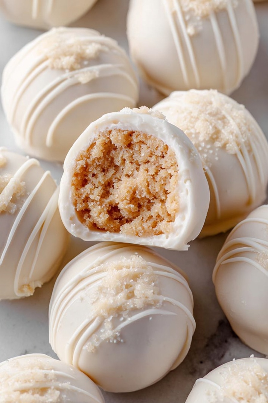 Peanut Butter Snowballs Recipe 6 The image shows a close-up of small round white treats arranged together on a white marbled surface. Each treat has a smooth white outer layer with some decorated by thin white drizzle patterns, creating a lace-like effect. One treat is broken open on top, showing its inner filling which is dense, crumbly, and light brown in color. The contrast between the smooth white shell and the textured brown inside is clear, making the treats look inviting and delicate. Photo taken with an iphone --ar 2:3 --v 7 - Peanut Butter Snowballs, no-bake dessert, holiday treats, easy peanut butter candies, Christmas snowball sweets