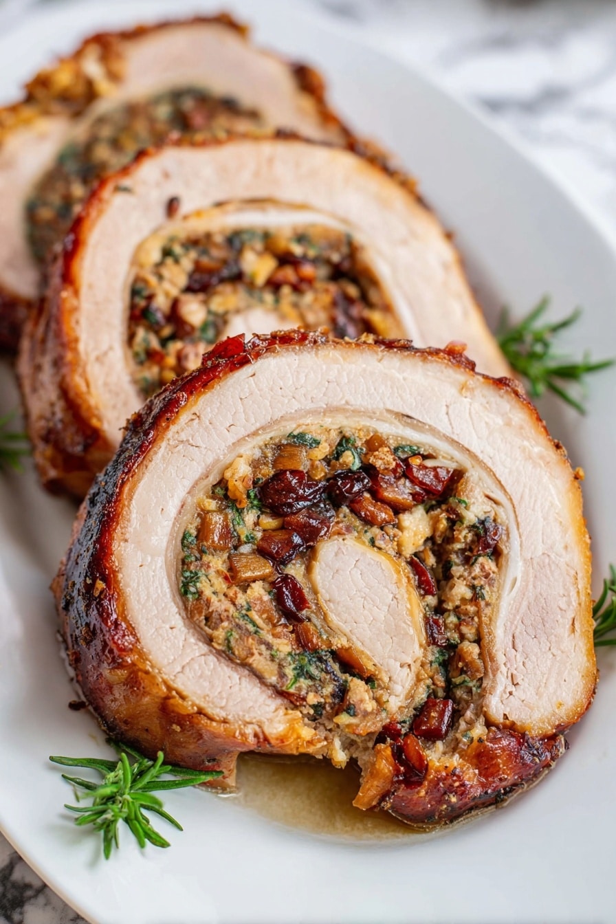 Apple Bacon Stuffed Pork Loin Roll Recipe 8 The image shows two thick slices of rolled meat with a golden brown crust on the outside, placed on a white plate. Each slice reveals three visible layers: the outer layer is a roasted meat with a slightly crispy texture and light brown color, the middle layer is filled with a mixture of small, finely chopped ingredients in colors like dark red, green, and beige, creating a spiral pattern, and the innermost layer is a lighter, cream-colored meat. There are small green herb sprigs on top of the slices and on the plate. The plate sits on a white marbled surface. photo taken with an iphone --ar 2:3 --v 7 - Apple Bacon Stuffed Pork Loin, pork loin roll with apples and bacon, holiday pork roast, stuffed pork tenderloin, savory pork loin recipes