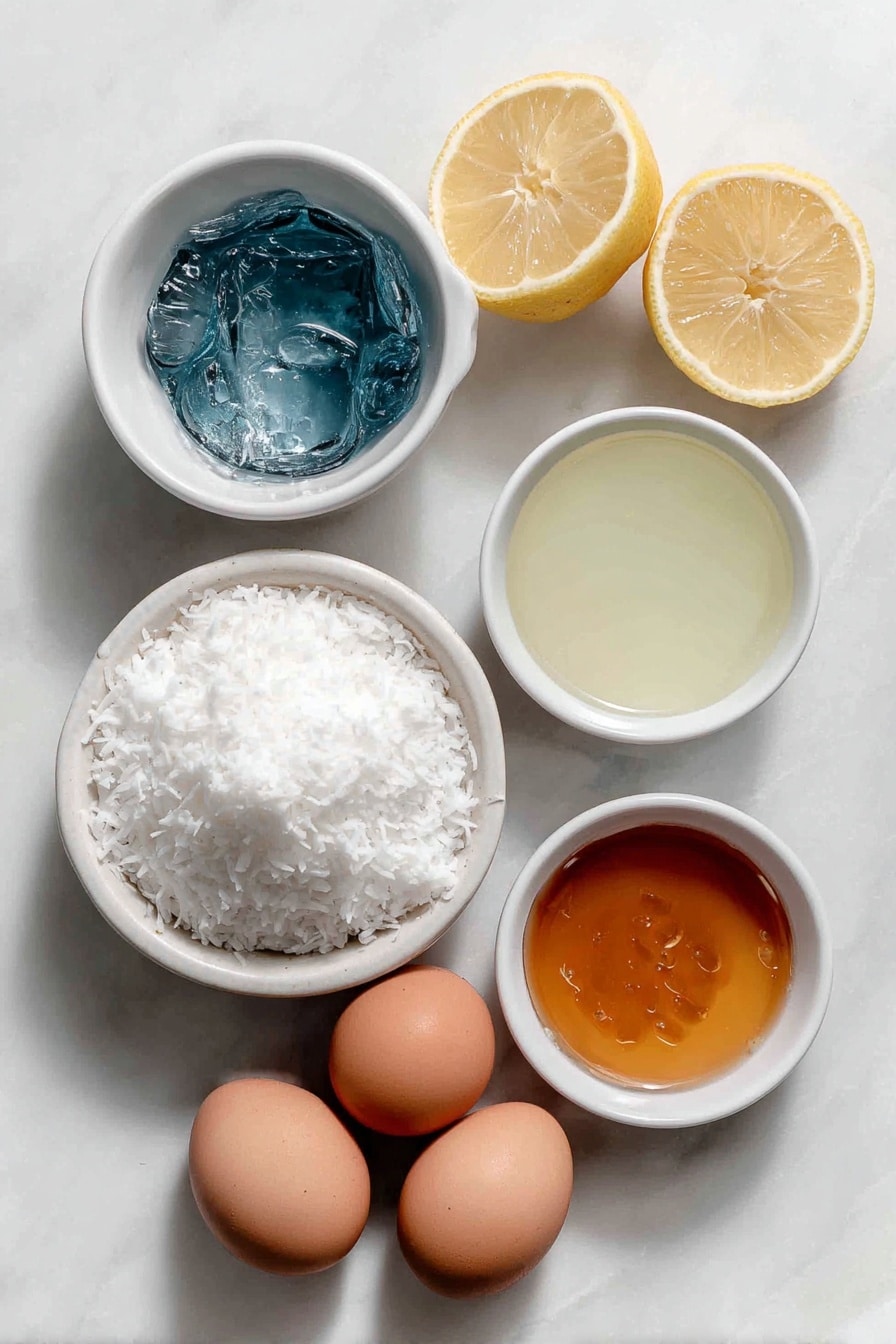 Blue Curacao Champagne Mimosa Recipe 7 Flat lay of a small heap of sweetened shredded coconut flakes, a few fresh lemon slices, a small white ceramic bowl filled with bright blue Curacao liqueur, a small white ceramic bowl of pale yellow lemonade, a small white ceramic bowl of golden honey, and three whole uncracked brown eggs arranged symmetrically, all placed on a clean white marble surface, soft natural light, photo taken with an iPhone, professional food photography style, fresh ingredients, white ceramic bowls, no bottles, no duplicates, no utensils, no packaging --ar 2:3 --v 7 --p m7354615311229779997 - Blue Curacao Champagne Mimosa, Blue Curacao cocktail, brunch cocktail recipes, festive champagne drinks, colorful mimosa recipes