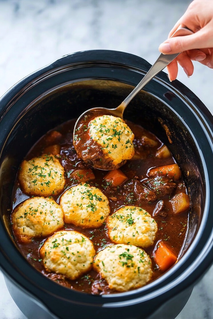 Slow Cooker Beef Stew with Dumplings Recipe 6 A black slow cooker filled with a rich dark brown stew, showing multiple round, light golden biscuit tops floating on the surface, each sprinkled lightly with chopped green herbs. The stew contains visible chunks of orange carrot pieces and brown meat, with a thick, glossy sauce surrounding the biscuits. A woman's hand holds a metal ladle lifting one biscuit with some stew, showing the soft texture of the biscuit and the stew below it. The slow cooker sits on a white marbled surface. photo taken with an iphone --ar 2:3 --v 7 - Slow Cooker Beef Stew with Dumplings, hearty beef stew recipe, easy slow cooker beef stew, comforting beef and veggie stew, cheesy dumplings recipe