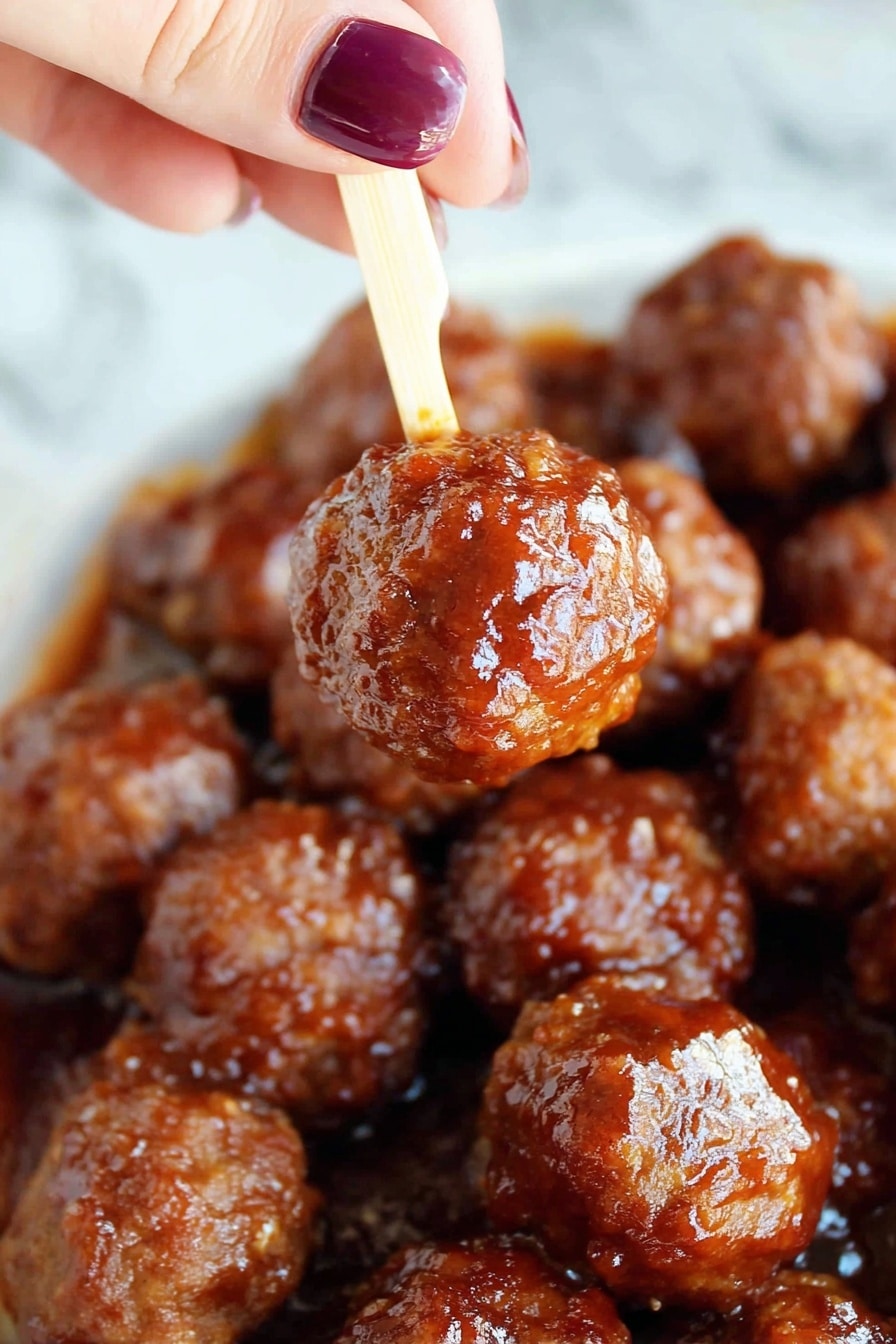 A close-up image shows a woman's hand with purple polished nails holding a small brown meatball on a toothpick above many other similar meatballs covered in a shiny dark reddish-brown sauce, all placed on a white marbled surface. The meatballs have a textured, slightly rough surface and appear moist from the sauce. Photo taken with an iphone --ar 2:3 --v 7 - Cranberry BBQ Meatballs in Slow Cooker, savory cranberry meatballs, easy party meatballs, slow cooker appetizer recipes, holiday meatball ideas