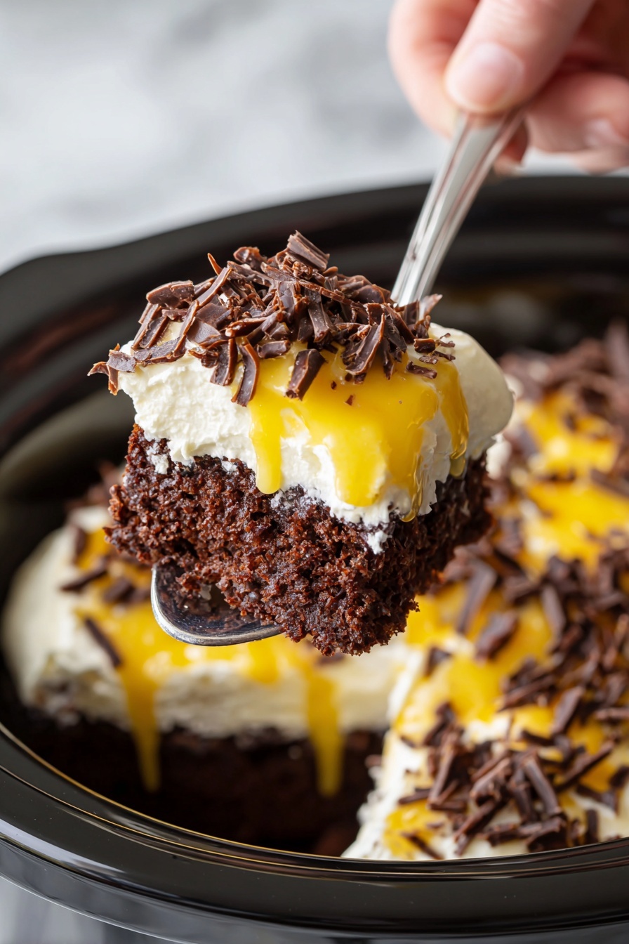 Slow Cooker Chocolate Caramel Cake Recipe 8 A close-up of a thick piece of dark brown chocolate cake layered with creamy white frosting in the middle and on top. The cake is covered with curly pieces of chocolate and a bright yellow sauce drizzled over the top and sides, making it look sticky and rich. The piece is being lifted by a wooden spatula from a black slow cooker filled with more chocolate cake, white frosting, chocolate pieces, and the same yellow sauce scattered on top. The background surface is white marble. Photo taken with an iphone --ar 2:3 --v 7 - Slow Cooker Chocolate Caramel Cake, easy slow cooker chocolate cake, gooey caramel dessert, indulgent chocolate dessert recipes, no-bake caramel cake