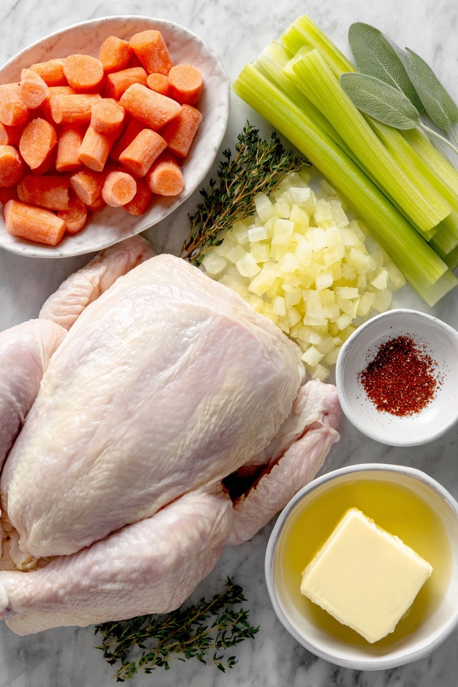 Flat lay of a whole raw chicken with pale pink skin, two bright orange diced carrots piled neatly, a small mound of diced yellow onion with visible layers, two fresh celery ribs cut into pieces showing crisp texture, a few sprigs of dried thyme and sage arranged delicately, a small heap of reddish paprika powder, a pat of salted butter melted in a small white ceramic bowl, and an unopened box of herb-flavored stove top stuffing mix beside the ingredients, all placed symmetrically on simple white ceramic dishes and bowls, placed on a clean white marble surface, soft natural light, photo taken with an iPhone, professional food photography style, fresh ingredients, white ceramic bowls, no bottles, no duplicates, no utensils, no packaging --ar 2:3 --v 7 --p m7354615311229779997 - Slow Cooker Whole Chicken with Stuffing, easy slow cooker chicken recipe, comfort food dinner ideas, simple chicken and stuffing recipe, hands-off family meal