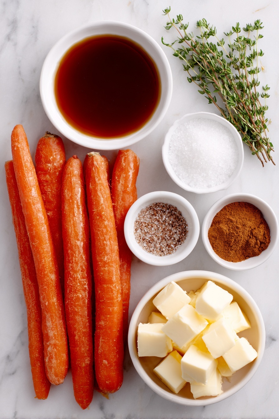 Slow Cooker Maple Glazed Carrots Recipe 7 Flat lay of fresh whole baby carrots with vibrant orange color, a small white bowl filled with deep golden maple syrup, a small white bowl holding packed light brown sugar, neat cubes of pale yellow butter, a small white bowl of fine white salt, a small white bowl of warm brown ground cinnamon, a small white bowl of finely ground black pepper, and a few sprigs of fresh green thyme arranged elegantly, all placed on a clean white marble surface, soft natural light, photo taken with an iPhone, professional food photography style, fresh ingredients, white ceramic bowls, no bottles, no duplicates, no utensils, no packaging --ar 2:3 --v 7 --p m7354615311229779997 - Slow Cooker Maple Glazed Carrots, easy carrot side dish, holiday vegetable recipes, sweet glazed carrots, healthy vegetable side