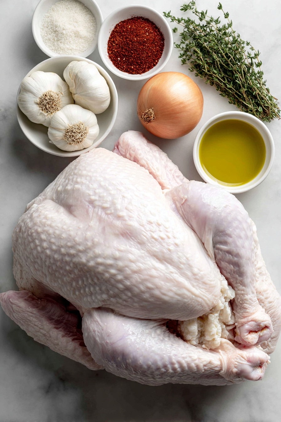 Juicy Slow Cooker Turkey Breast Recipe 7 Flat lay of a large raw turkey breast with skin on, a whole head of garlic cut horizontally in half showing fresh cloves, a halved unpeeled brown onion, five fresh sprigs of thyme, a small white ceramic bowl with a reddish paprika powder, a small white bowl with finely ground garlic powder, a small white bowl with onion powder, a small white bowl with coarse salt, a small white bowl with freshly ground black pepper, and a small white bowl filled with golden olive oil, placed on a clean white marble surface, soft natural light, photo taken with an iPhone, professional food photography style, fresh ingredients, white ceramic bowls, no bottles, no duplicates, no utensils, no packaging --ar 2:3 --v 7 --p m7354615311229779997 - Juicy Slow Cooker Turkey Breast, slow cooker turkey, moist turkey breast, easy turkey dinner, tender turkey recipes