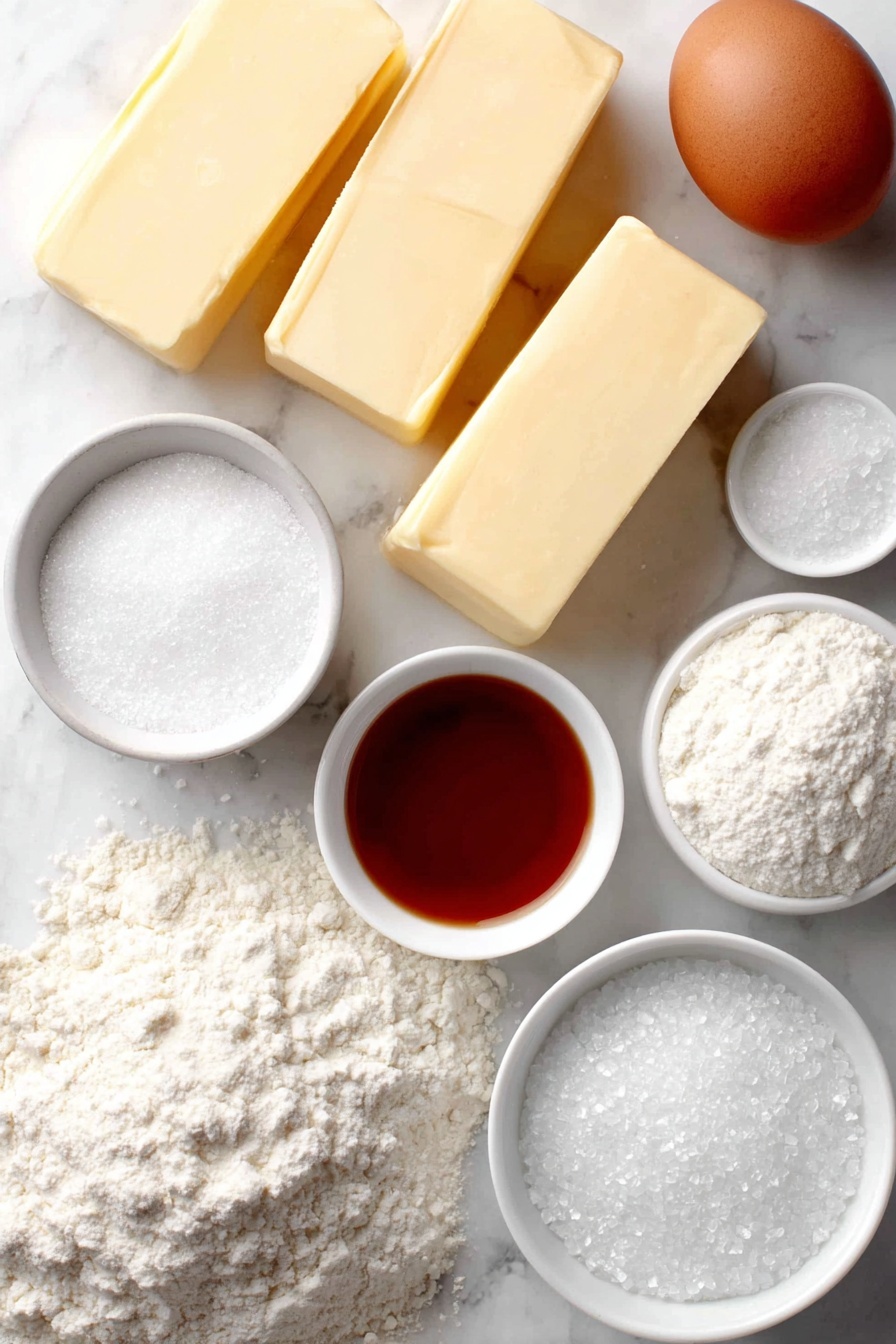 Flat lay of two sticks of unsalted butter with smooth surfaces, a small heap of white granulated sugar, a tiny white bowl with clear peppermint extract, a tiny white bowl with pale vanilla extract, a small mound of fine baking powder, a small pile of coarse kosher salt, one large whole egg with clean shell, a neat mound of all-purpose flour, a tiny white bowl containing bright red liquid food coloring, a small white bowl with frothy egg white, and a small white bowl filled with sparkling sugar crystals, all arranged symmetrically and placed on a clean white marble surface, soft natural light, photo taken with an iPhone, professional food photography style, fresh ingredients, white ceramic bowls, no bottles, no duplicates, no utensils, no packaging --ar 2:3 --v 7 --p m7354615311229779997 - Peppermint Candy Cane Cookies, Christmas holiday cookies, festive peppermint cookies, candy cane shaped cookies, holiday baking recipes