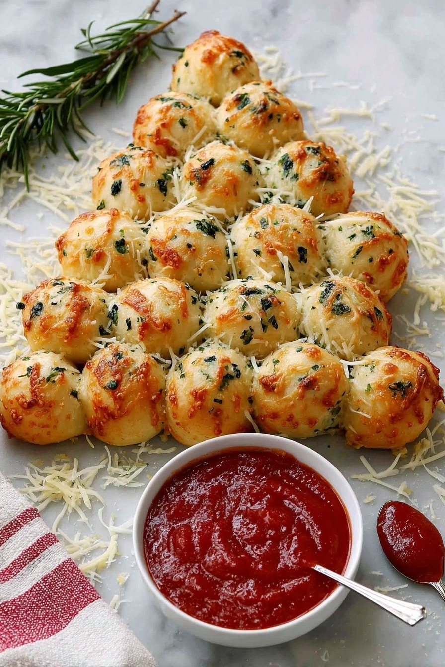 Cheesy Christmas Tree Bread Recipe 8 A Christmas tree shaped bundle made of small round golden-brown baked dough balls, each glistening with melted cheese and sprinkled with chopped green herbs, arranged closely to form the tree shape with a small trunk at the bottom. The dough balls have a soft, slightly glossy texture with some cheese melted between them. A woman's hand is dipping one of the dough balls into a white bowl filled with bright red tomato sauce. The scene includes a spoon with more sauce nearby, a fresh green rosemary sprig at the base of the tree, and a red and white checkered cloth on a wooden board background. photo taken with an iphone --ar 2:3 --v 7 - Cheesy Christmas Tree Bread, holiday cheesy bread, festive bread appetizer, Christmas bread recipe, cheesy bread holiday centerpiece