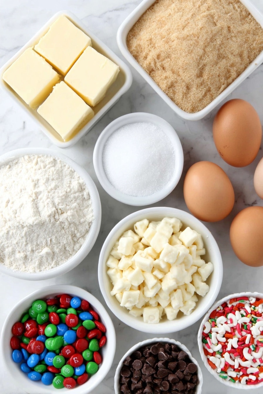Christmas Kitchen Sink Cookies Recipe 7 Flat lay of a few cubes of soft salted butter, a small white ceramic bowl of packed light brown sugar, a small white ceramic bowl of granulated white sugar, two whole uncracked brown eggs, a small white ceramic bowl with amber vanilla bean paste, a small mound of pale all-purpose flour, a small white ceramic bowl with a mix of red and green M&M's, a small white ceramic bowl of white chocolate chips, a small white ceramic bowl of broken pretzel pieces, a small white ceramic bowl of broken potato chip pieces, and a small white ceramic bowl of red and green jimmies, all arranged with perfect symmetry and balanced proportions, placed on a clean white marble surface, soft natural light, photo taken with an iPhone, professional food photography style, fresh ingredients, white ceramic bowls, no bottles, no duplicates, no utensils, no packaging --ar 2:3 --v 7 --p m7354615311229779997 - Christmas Kitchen Sink Cookies, festive cookie recipes, holiday dessert ideas, colorful holiday cookies, easy Christmas treats