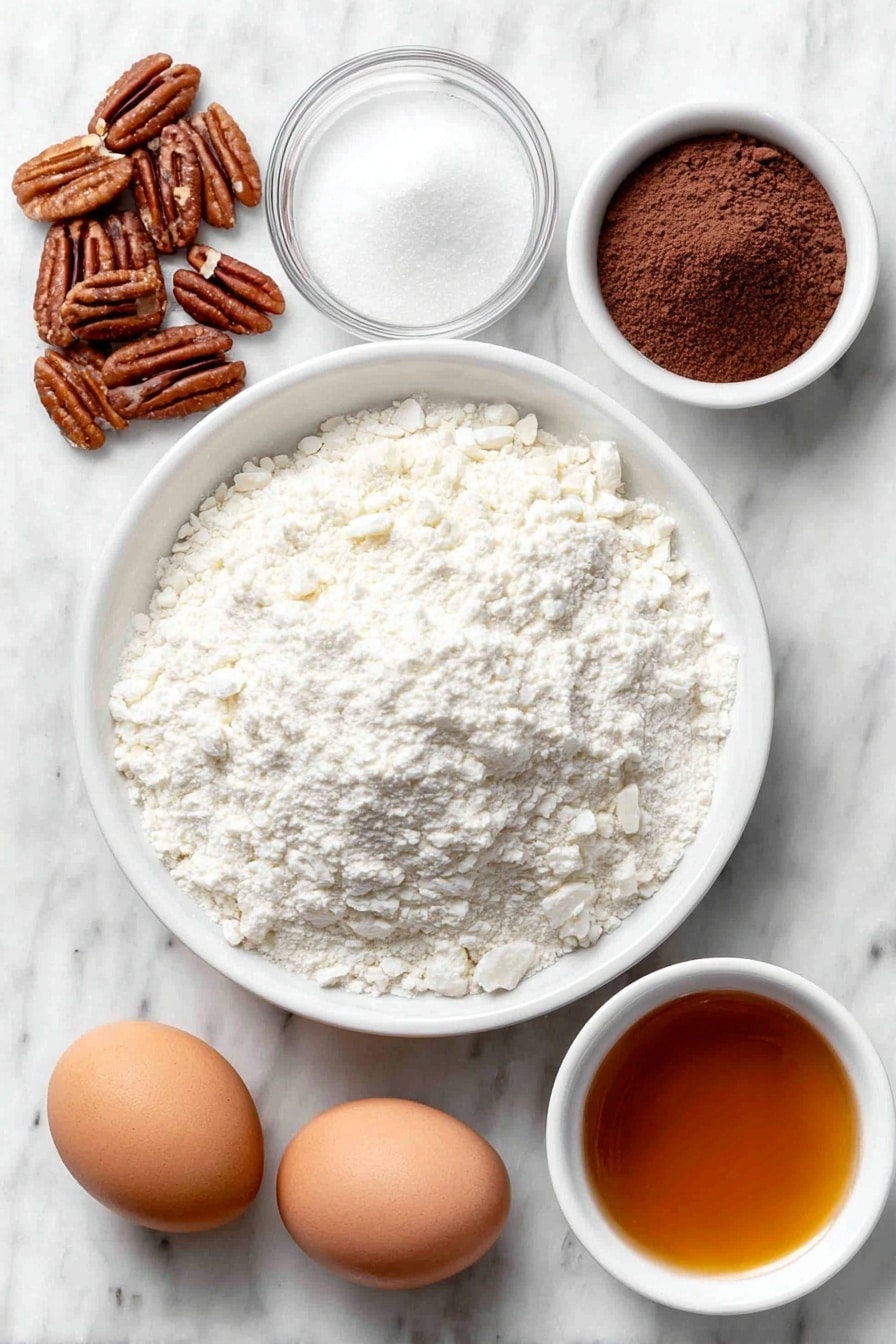 No Bake Chocolate Rum Balls Recipe 7 Flat lay of crushed vanilla wafers in a pile, a small mound of ground pecans, a small white bowl filled with fine confectioners sugar, a small white bowl containing rich dark cocoa powder, a small white bowl with dark amber honey, a small white bowl of clear water, and two whole uncracked brown eggs, all arranged in perfect symmetry on a simple white ceramic plate and bowls, placed on a clean white marble surface, soft natural light, photo taken with an iPhone, professional food photography style, fresh ingredients, white ceramic bowls, no bottles, no duplicates, no utensils, no packaging --ar 2:3 --v 7 --p m7354615311229779997 - No Bake Chocolate Rum Balls, easy rum ball recipes, holiday no-bake desserts, chocolate holiday treats, boozy chocolate bites