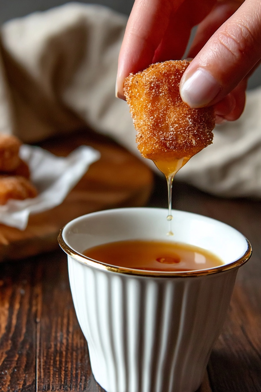 Cinnamon Sugar Churro Bites Recipe 8 The image shows a white bowl with a honeycomb pattern filled with golden brown fried dough balls coated in sugar. The dough balls have a rough texture and some are dripping with sticky caramel sauce. The bowl is placed on a dark wooden surface, with some sugar granules scattered around. In the background, there is a tall glass of latte on a white marbled surface, and a blurred brown cloth napkin. photo taken with an iphone --ar 2:3 --v 7 - Cinnamon Sugar Churro Bites, easy churro bites, cinnamon sugar snacks, crispy churro bites, bite-sized churros