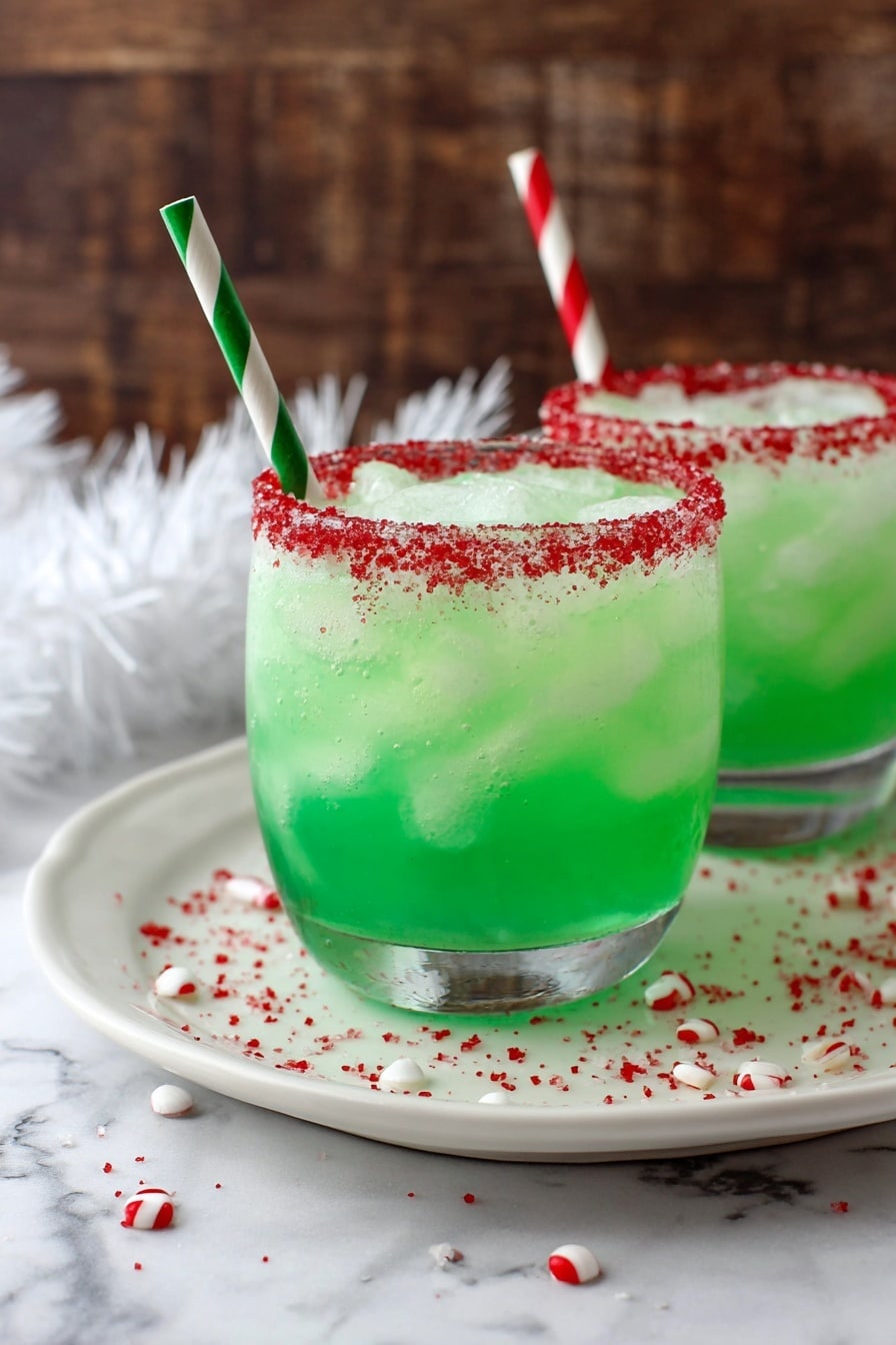 Grinch Punch Recipe with Lemon-Lime Flavor Recipe 8 Two clear glasses filled with bright green drink and ice cubes sit on a white rectangular plate that has small red and white sprinkles scattered on it. Each glass has a thick red sugar rim and a striped paper straw—one green and white, the other red and white—standing upright in the drink. The background is a white marbled texture with a wooden wall that is out of focus behind the glasses. photo taken with an iphone --ar 2:3 --v 7 - Grinch Punch Lemon-Lime Flavor, festive lemon-lime punch, holiday party drink, easy holiday punch recipe, bright colorful holiday beverage