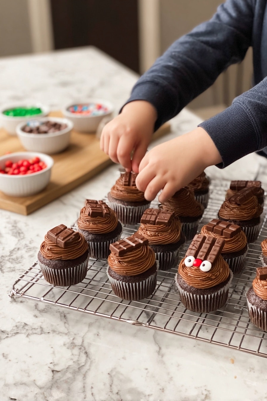 Rudolph Cupcakes with Chocolate and Candy Recipe 8 There are twelve chocolate cupcakes on a metal cooling rack placed on a white marbled countertop. Each cupcake has one thick layer of brown chocolate frosting swirled on top, with two cupcakes having an extra decoration layer with a small piece of chocolate bar on top, decorated with two white candy eyes and a red candy nose. A child wearing a dark long sleeve shirt is using both hands to place the chocolate bar piece on one of these cupcakes. In the background, there is a light wooden board holding small bowls with candies and chocolate decorations. Photo taken with an iphone --ar 2:3 --v 7 - Rudolph Cupcakes with Chocolate and Candy, festive Christmas cupcakes, holiday reindeer cupcakes, easy holiday cupcake ideas, cute Rudolph dessert