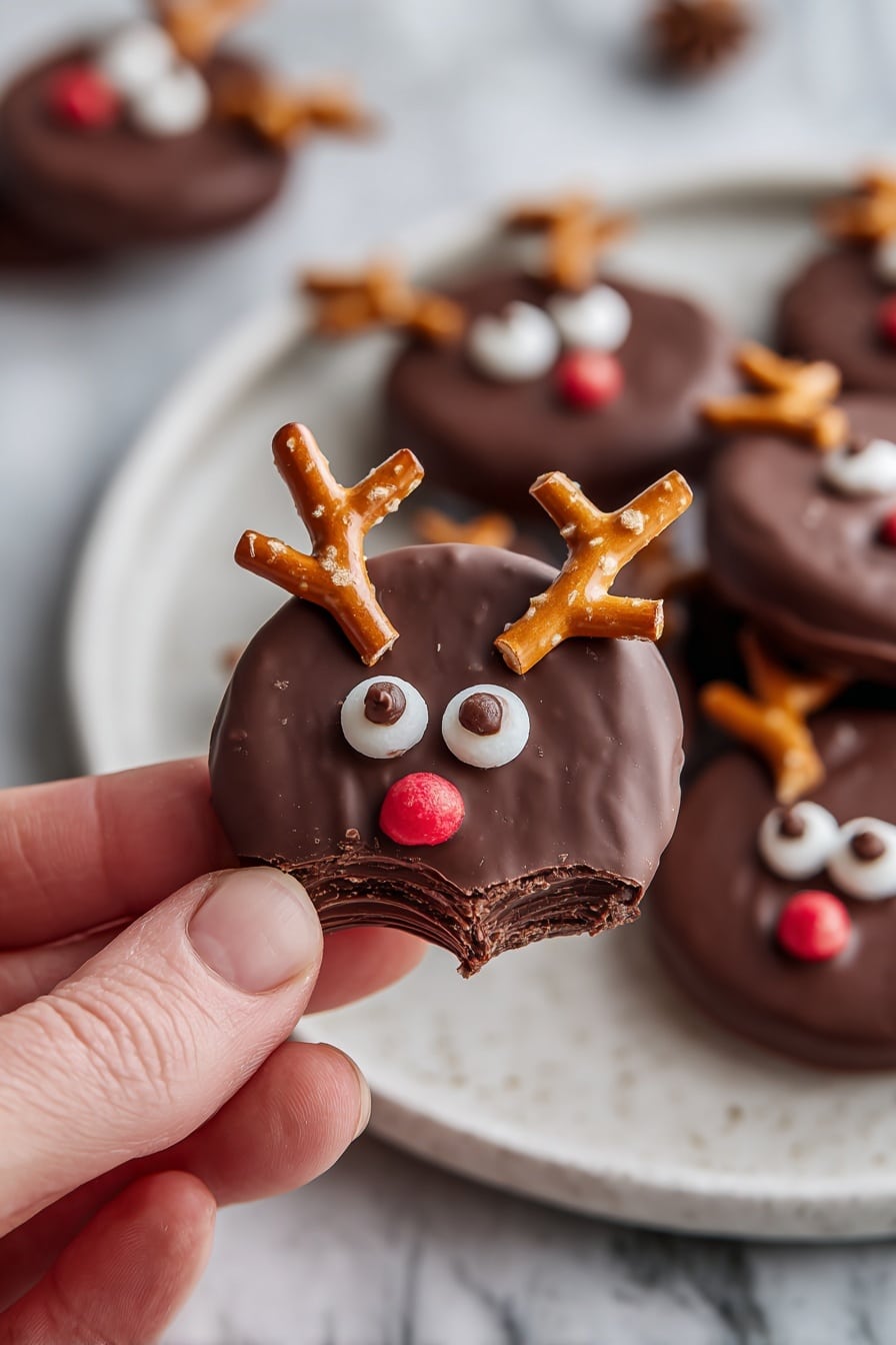 Chocolate Frosted Reindeer Donuts Recipe 8 The image shows a white plate on a white marbled surface holding several chocolate-covered donuts. Each donut has a smooth, shiny dark brown chocolate glaze covering the top. Two of the donuts are decorated like reindeer, with small white candy eyes that have brown dots in the center, a red circular candy nose in the middle, and pretzel sticks acting as antlers sticking out from the top sides. The other donuts are plain with just the glossy chocolate glaze. The colors are mainly dark brown, white, and bright red with light tan from the pretzels. Photo taken with an iphone --ar 2:3 --v 7 - Chocolate Frosted Reindeer Donuts, holiday reindeer donut recipe, festive Christmas donuts, easy holiday donut ideas, winter-themed dessert recipes