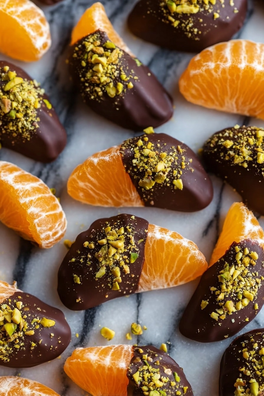 Chocolate Dipped Mandarin Slices Recipe 8 The image shows multiple tangerine segments arranged on a white marbled surface. Each segment has a bright orange color with a textured, slightly translucent peel showing natural fruit details. About half of each segment is dipped in dark chocolate, which is smooth and shiny, covering the top part. On the chocolate layer, crushed green pistachios are sprinkled, adding a rough texture and a touch of greenish-yellow color. The segments are evenly spread out in rows, with some segments fully covered by chocolate and pistachios and others plain orange. photo taken with an iphone --ar 2:3 --v 7 - Chocolate Dipped Mandarin Slices, Mandarin citrus snacks, easy fruit desserts, chocolate fruit dip recipes, healthy fruity treats