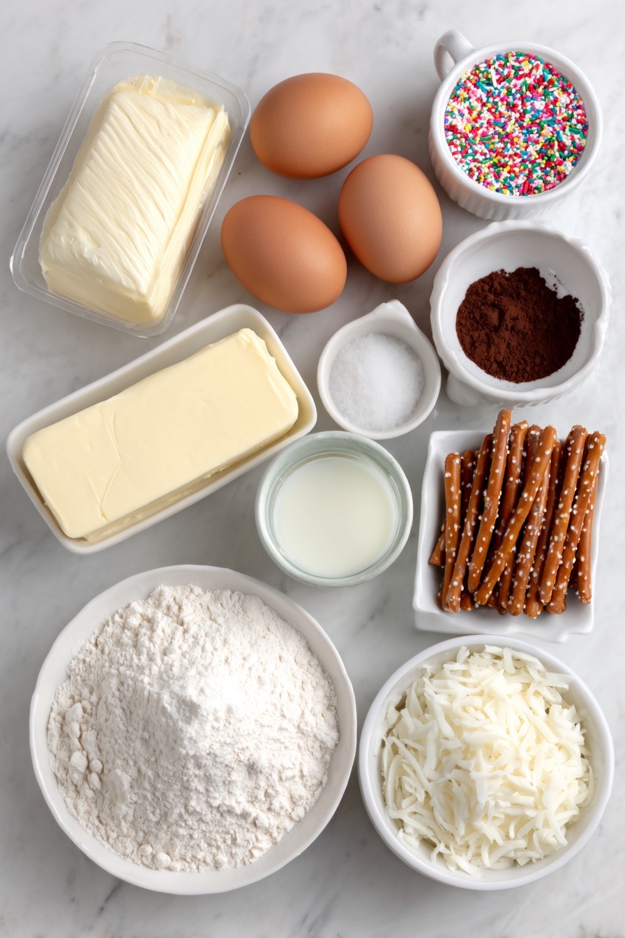 Flat lay of a small mound of all-purpose flour, a small pile of unsweetened cocoa powder, a teaspoon of baking soda, a small heap of baking powder, a pinch of salt, a block of unsalted butter at room temperature, a pile of granulated sugar, three large brown eggs with clean shells, a small white bowl of vanilla extract, a small white bowl of whole milk, a cup of shiny green candy melts, a handful of pretzel sticks, assorted colorful sprinkles scattered neatly, a pile of shredded sweetened coconut flakes, a small block of cream cheese, a small white bowl of powdered sugar placed symmetrically on a clean white marble surface, soft natural light, photo taken with an iPhone, professional food photography style, fresh ingredients, white ceramic bowls, no bottles, no duplicates, no utensils, no packaging --ar 2:3 --v 7 --p m7354615311229779997 - Chocolate Christmas Tree Cupcakes with Cream Cheese Frosting, holiday chocolate cupcakes with festive toppers, Christmas tree cupcakes with candy melts, easy holiday cupcake recipes, festive birthday and party cupcakes